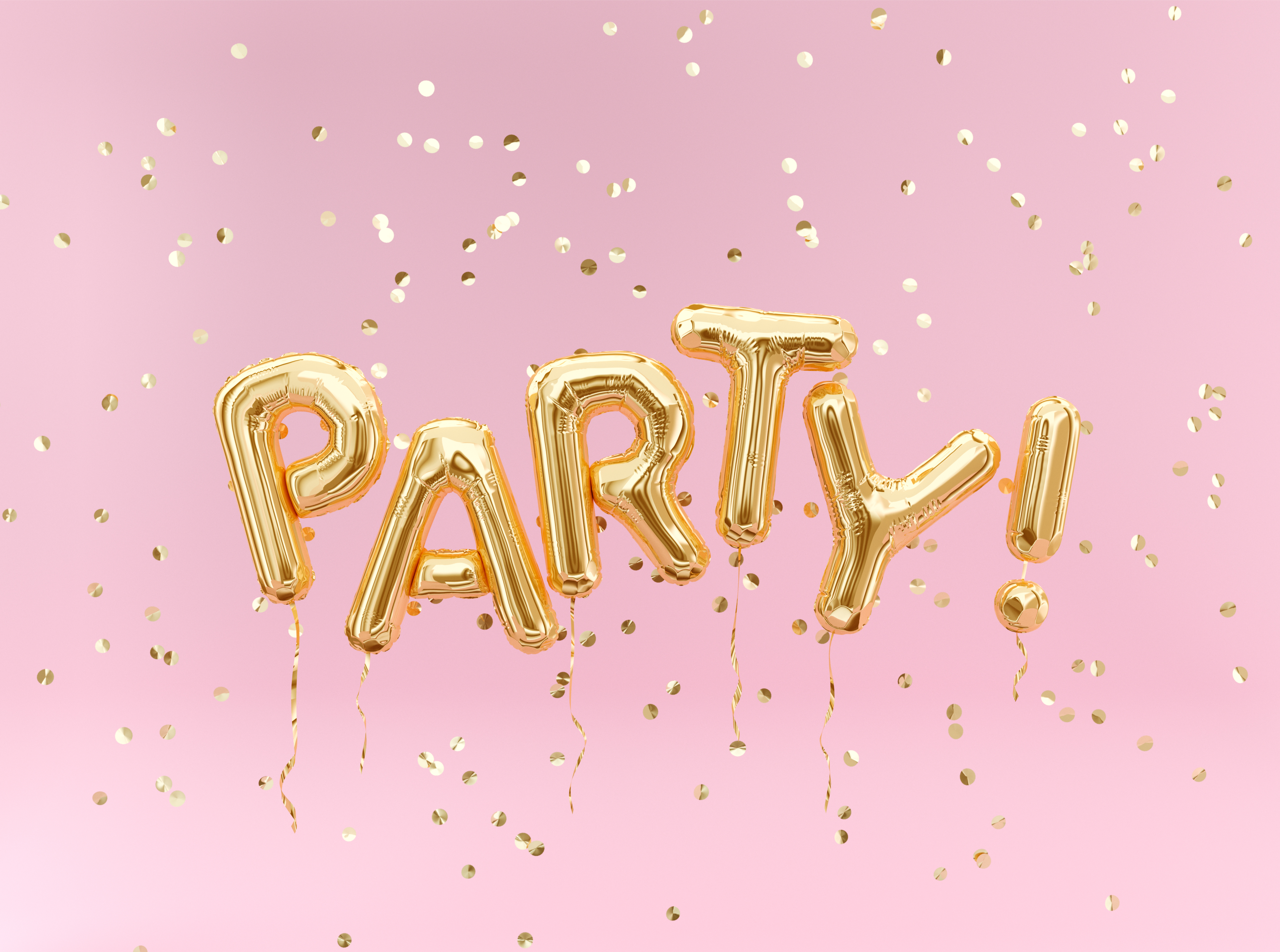 A golden confetti background on floating foil balloons spelling out “Party!”