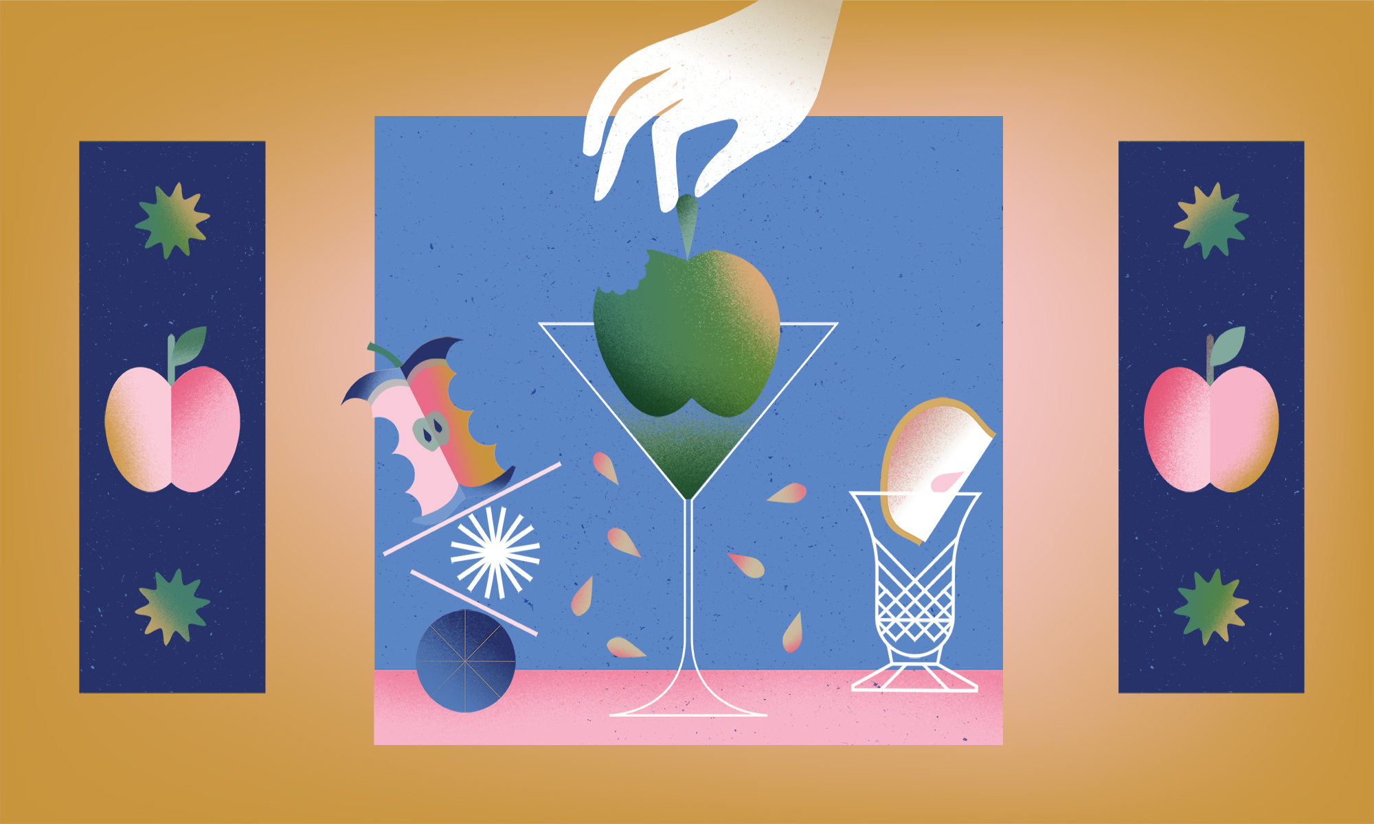 A hand lowers an apple into a martini glass. It’s surrounded by an apple core balancing on the left and a wedge of cut apple in a glass on the right.