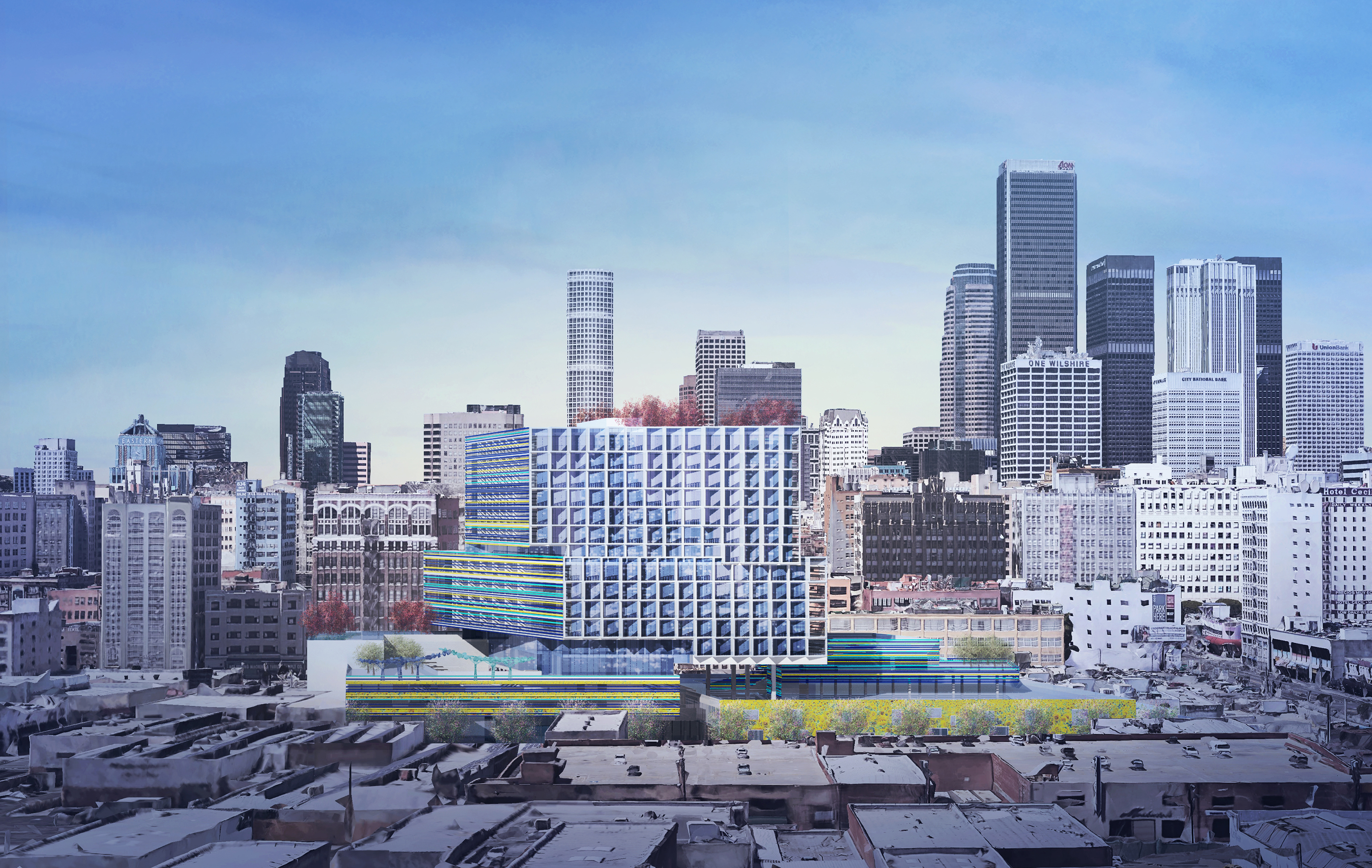A rendering of the new development, which rises to 15 stories, against the backdrop of the Downtown LA skyline.