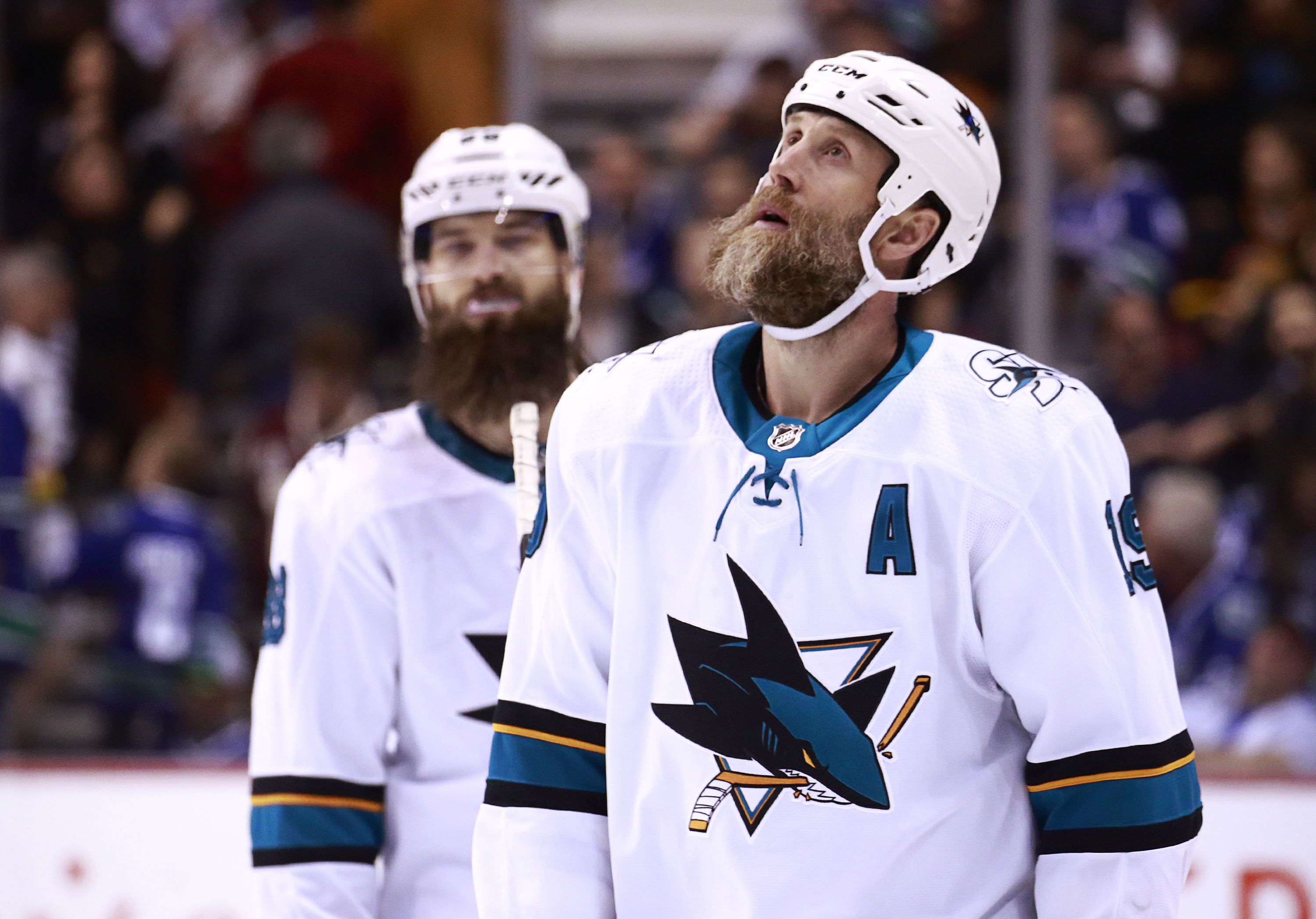 VANCOUVER, BC - APRIL 2: Joe Thornton #19 of the San Jose Sharks looks on dejected after their NHL game against the Vancouver Canucks at Rogers Arena April 2, 2019 in Vancouver, British Columbia, Canada. Vancouver won 4-2.