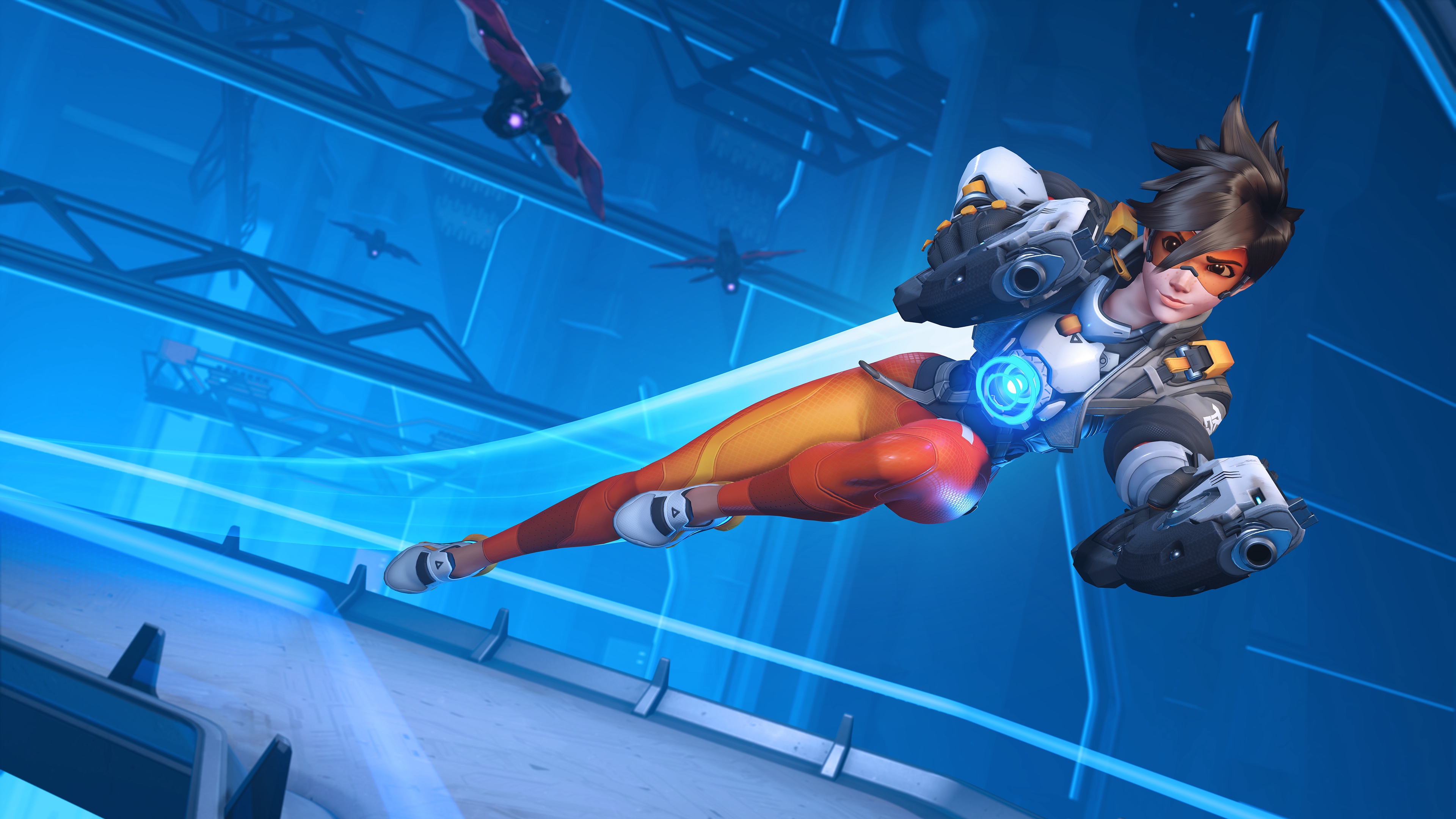 A screenshot of Tracer leaping from Overwatch 2