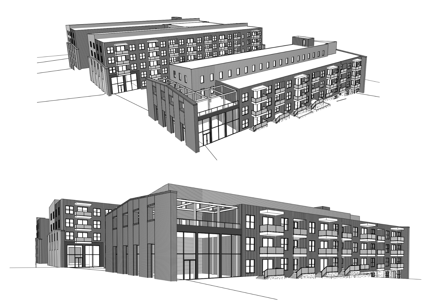 A black-and-white rendering shows three proposed apartment buildings.