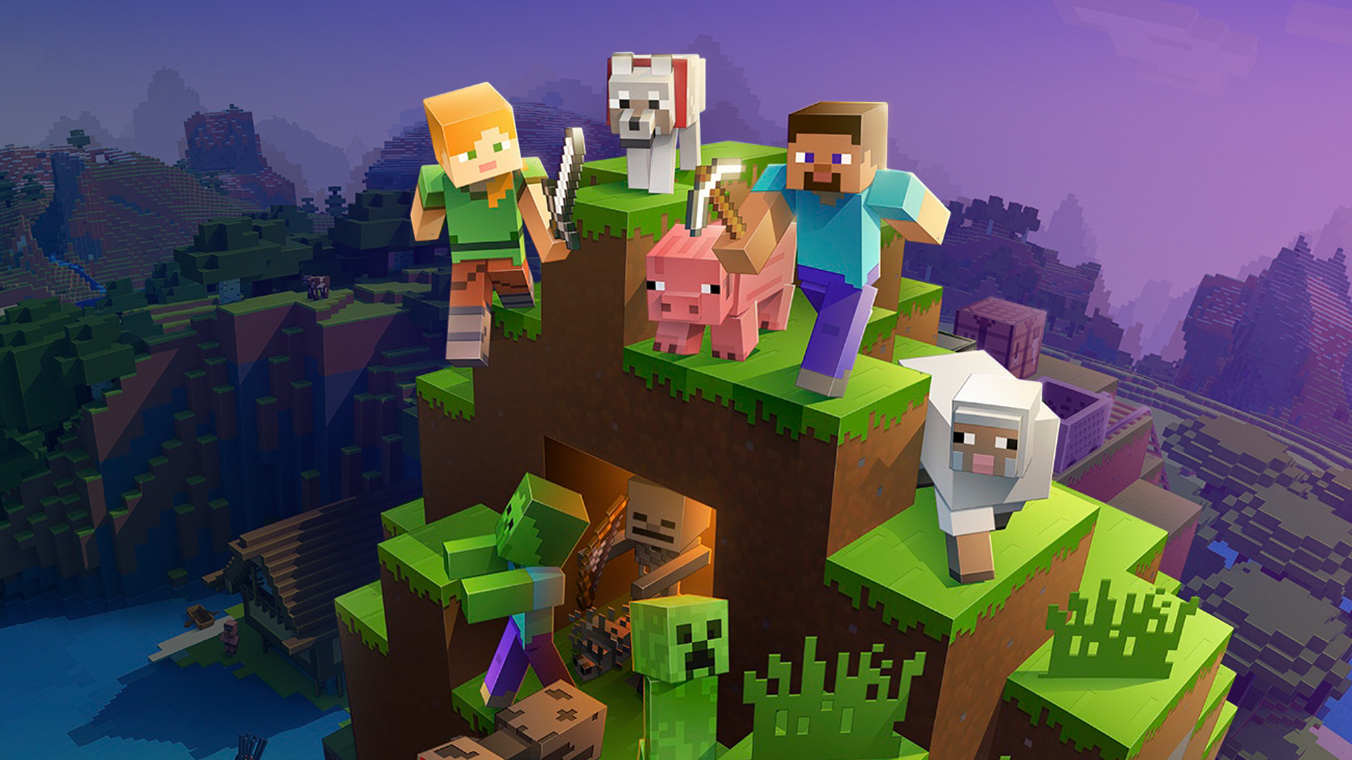 Minecraft characters pose on a hill