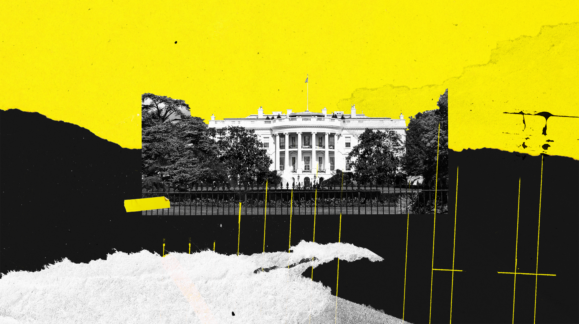 An illustration of the White House and black and yellow jagged shapes.