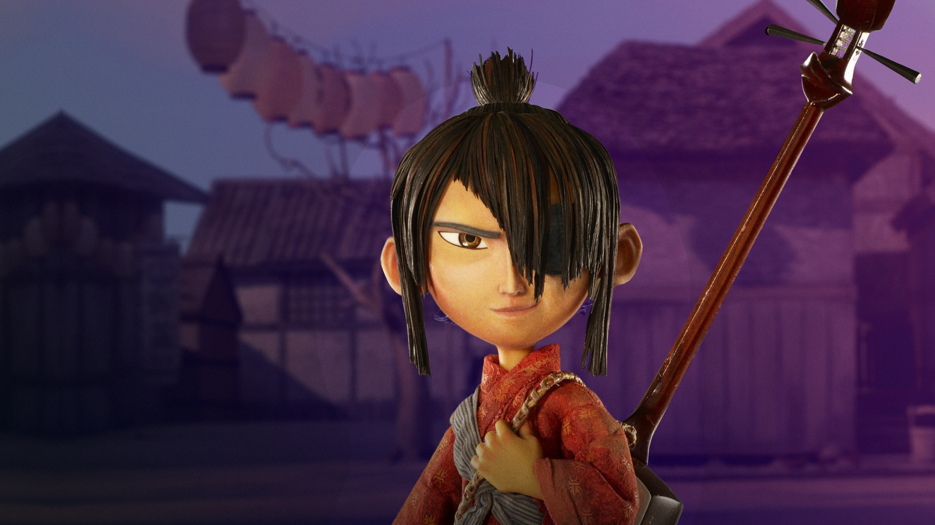 kubo stands in a red kimono and with his shamisan on his back