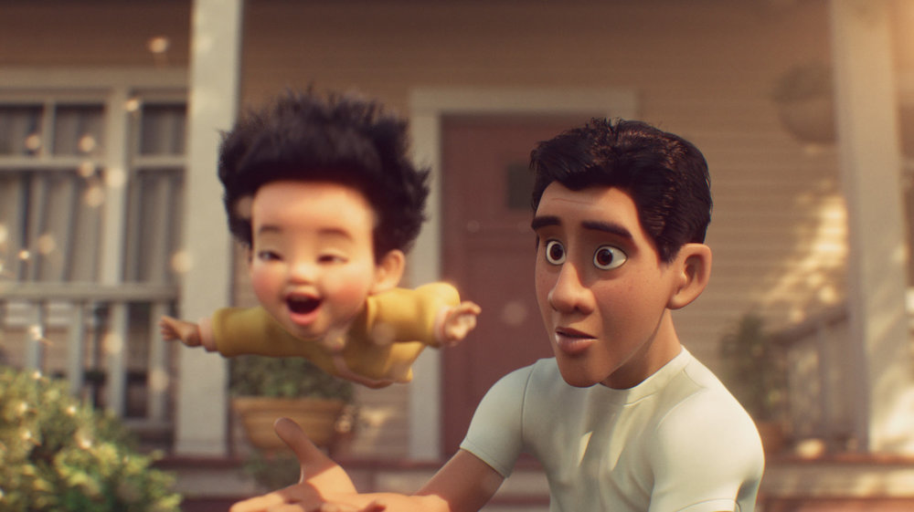 In a screenshot from the animated short film “Float,” the father watches his young son float through the air.