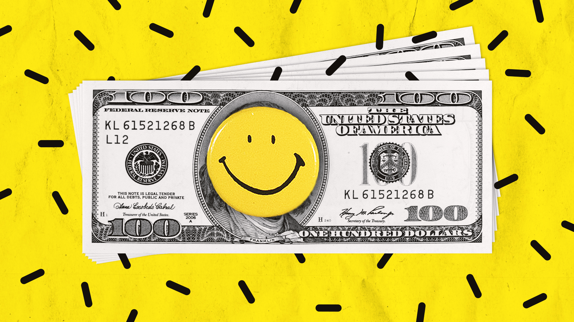 Illustration of a stack of one hundred dollar bills with a yellow smiley face pin over the portrait of Benjamin Franklin.