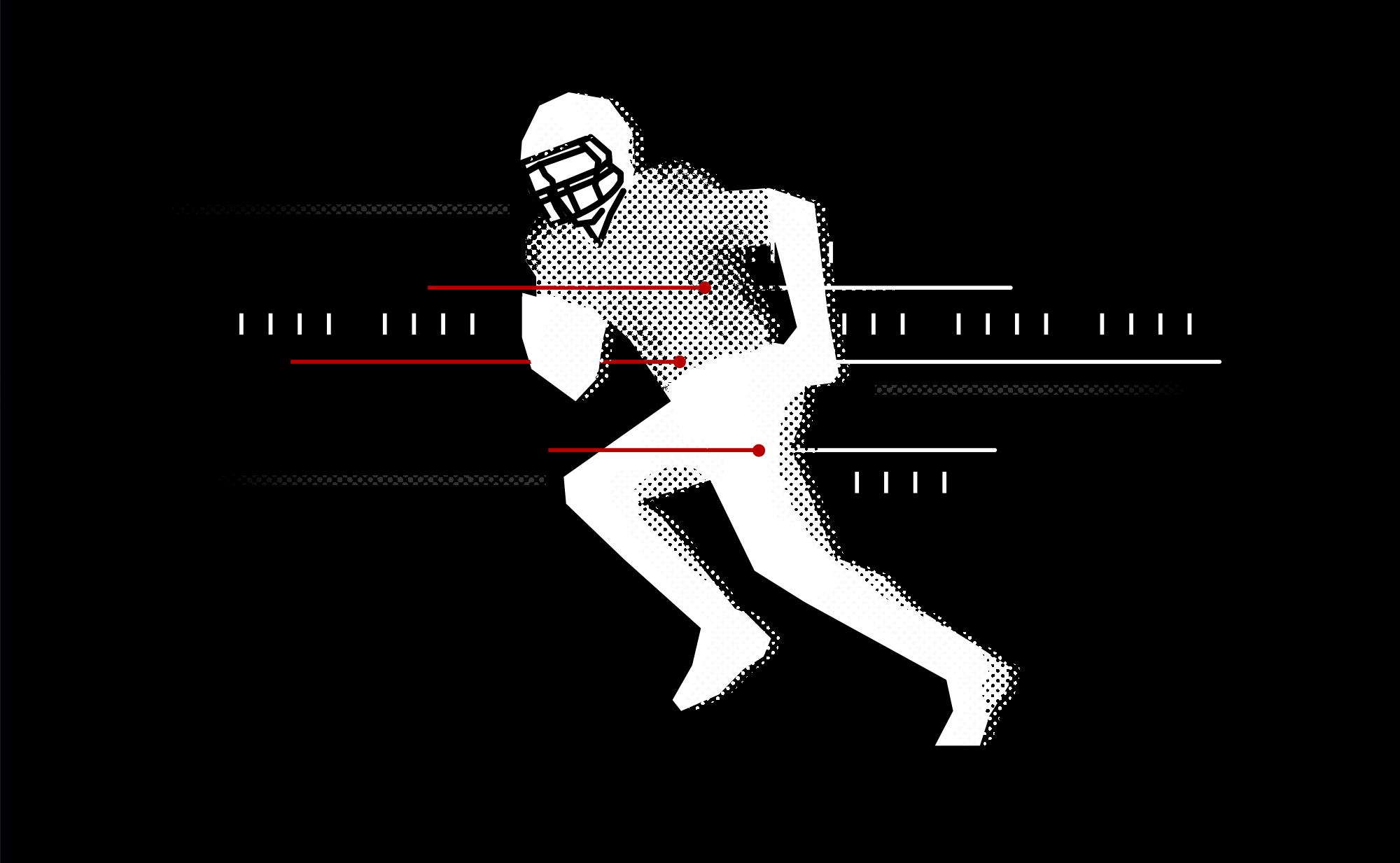 Illustration showing a football player running. Lines pass through their body insinuating bullet trails.