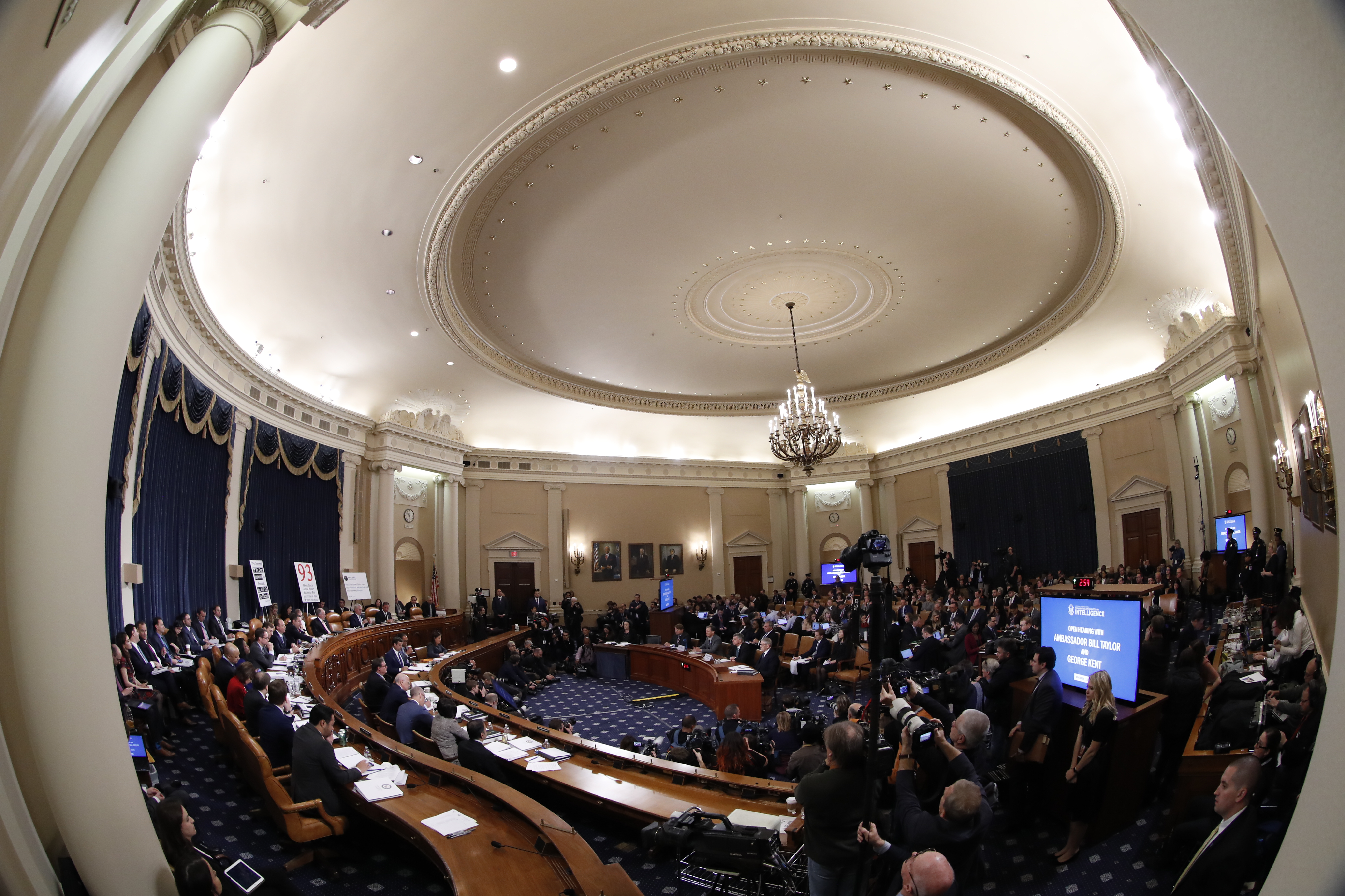 A photograph taken with a fish-eye lens of the House Permanent Select Committee on Intelligence’s hearing.