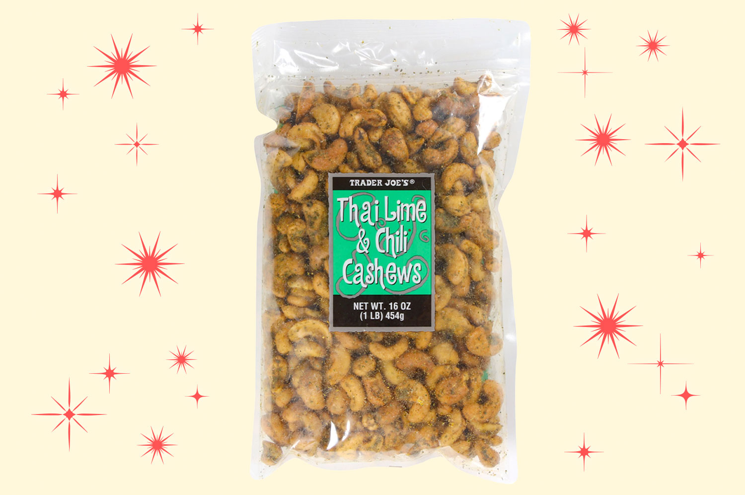 Photo of a package of Thai Lime and Chili Cashews on a starry backdrop.