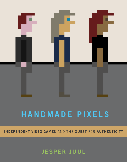 A trio of pixelated people, lined up and facing to the right