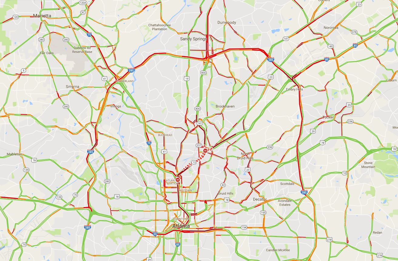 A map showing bad traffic on the northern Perimeter and on major roads throughout the city.