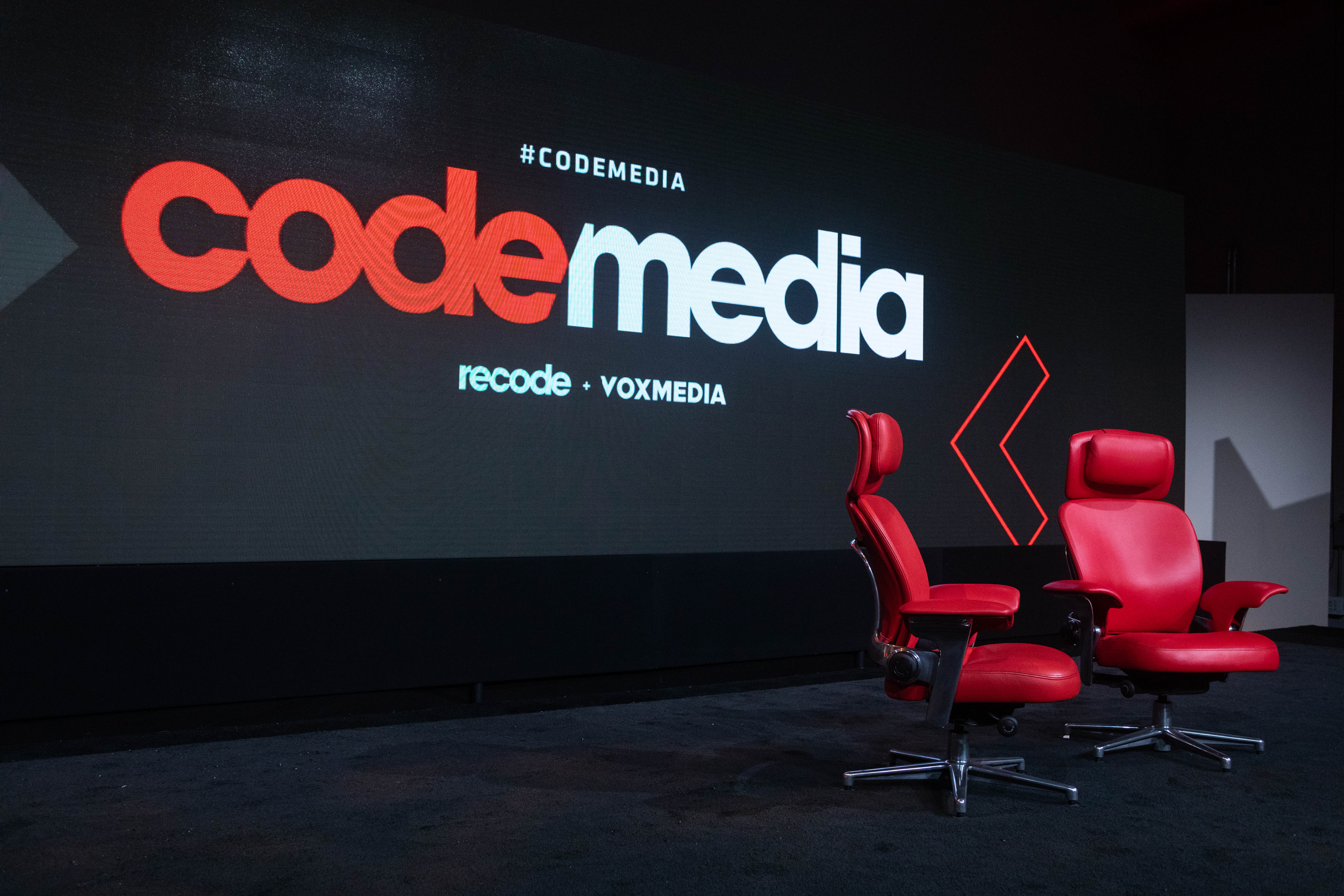 The red chairs on the Code Media 2019 stage.