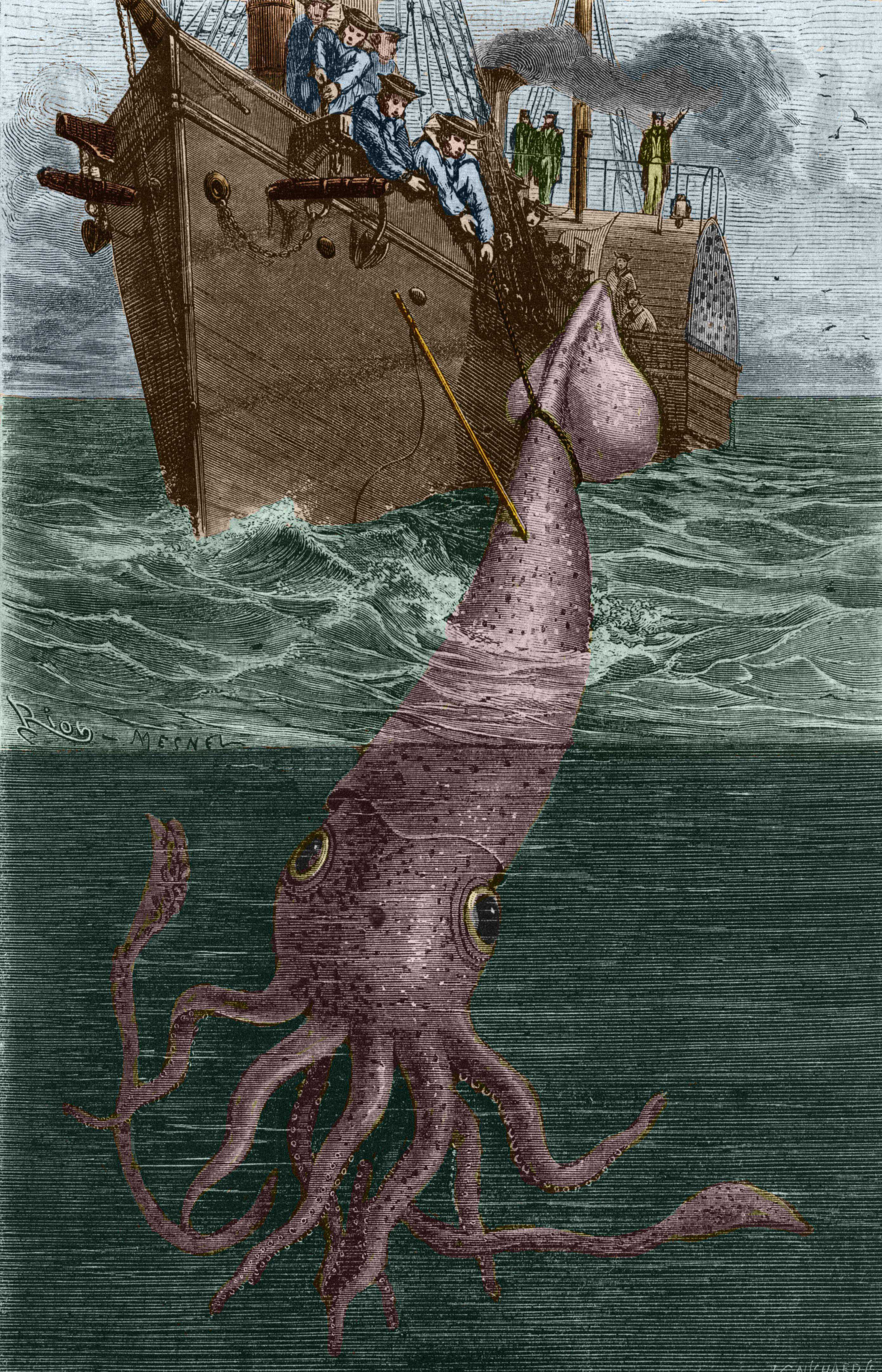 Illustration of the Crew of the Alecton Attempting to Catch a Giant Squid