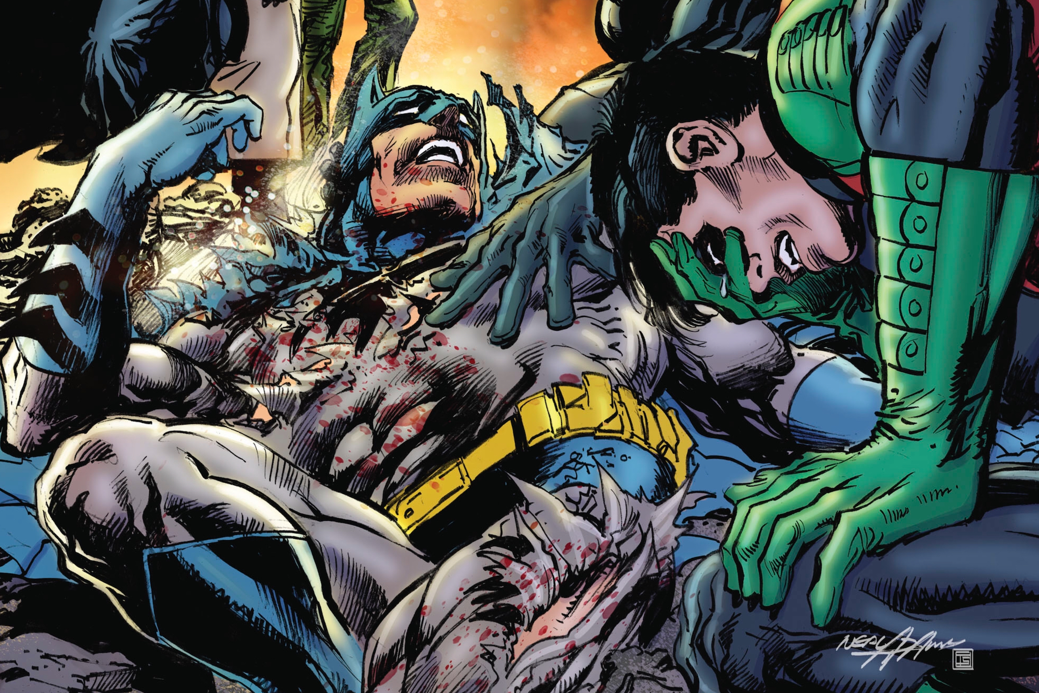 Robin weeps over Batman’s torn and broken body on the cover of Batman vs. Ra’s Al Ghul #1, DC Comics (2019).