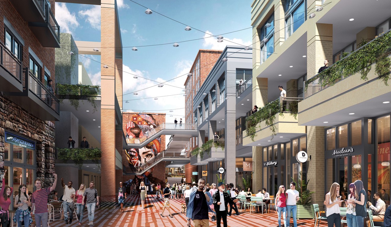 A rendering of people walking in a retail corridor with glassy storefronts and blue sky overhead. 