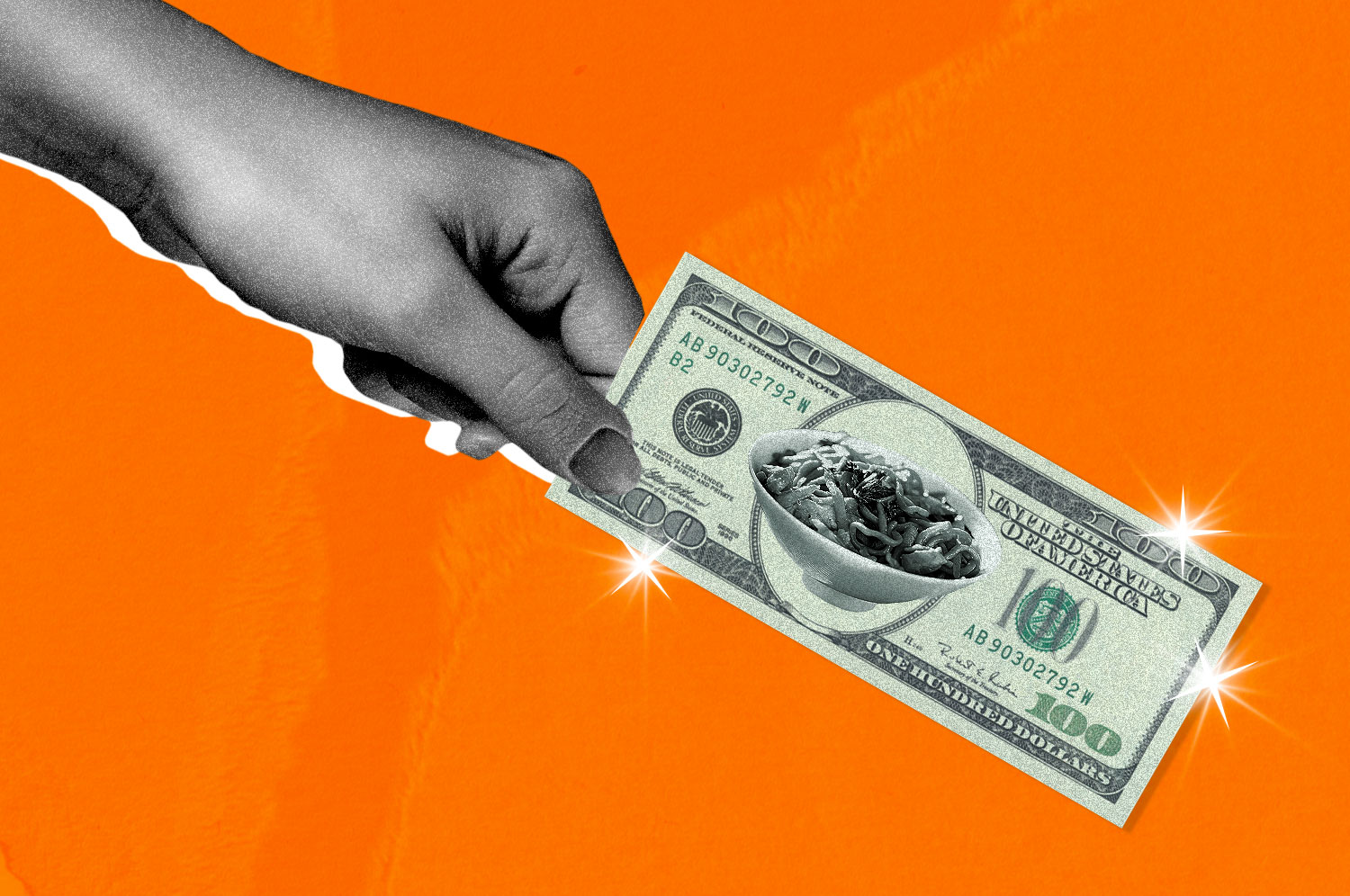 A hand holds a hundred dollar bill with an image bowl of noodles 