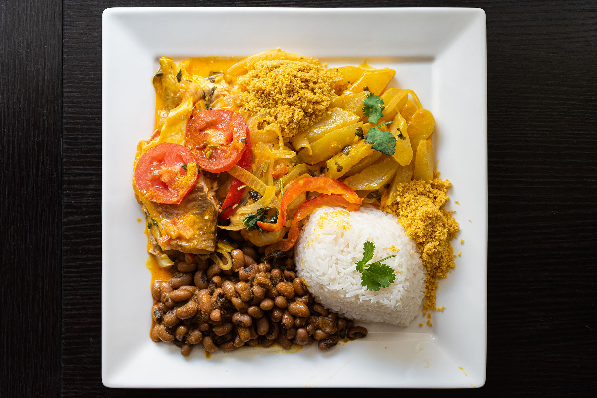 Plate of Brazilian food on a white square plate.