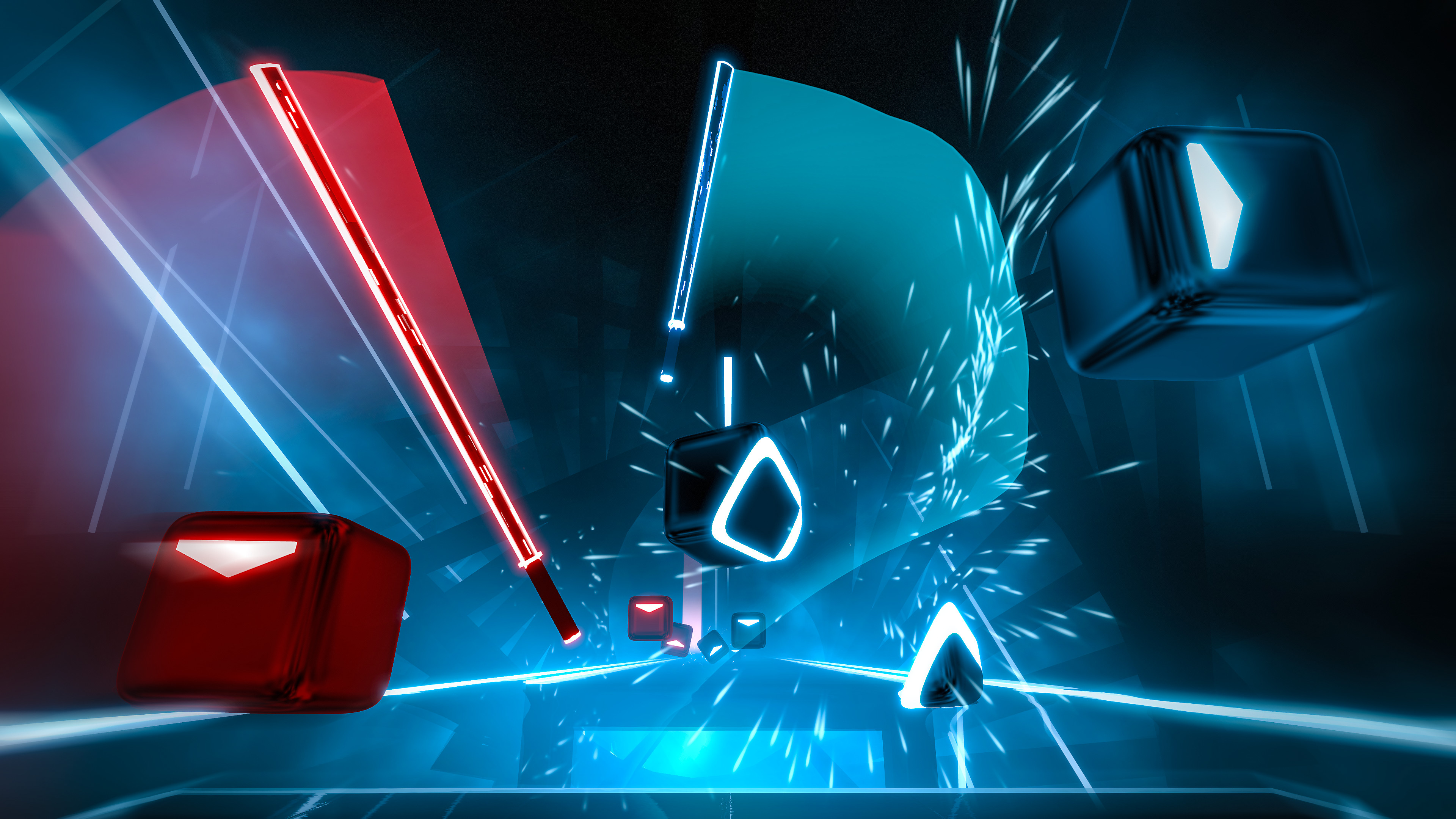 Beat Saber - a still from gameplay depicts a player slashing blocks with their sabers