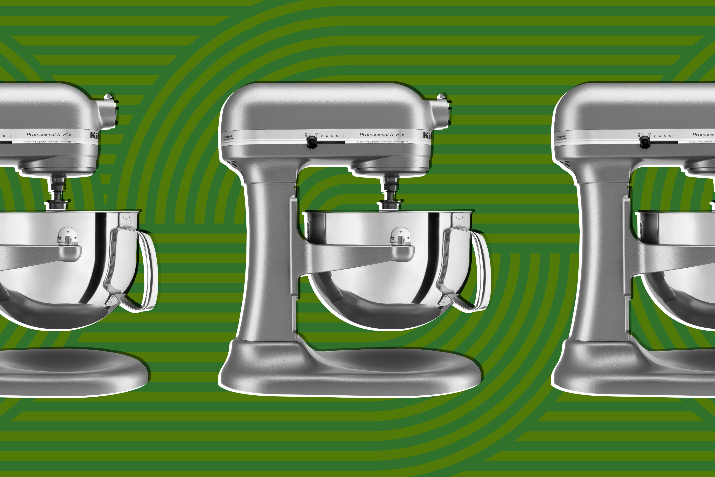 Motif of gray kitchen mixer against green background.