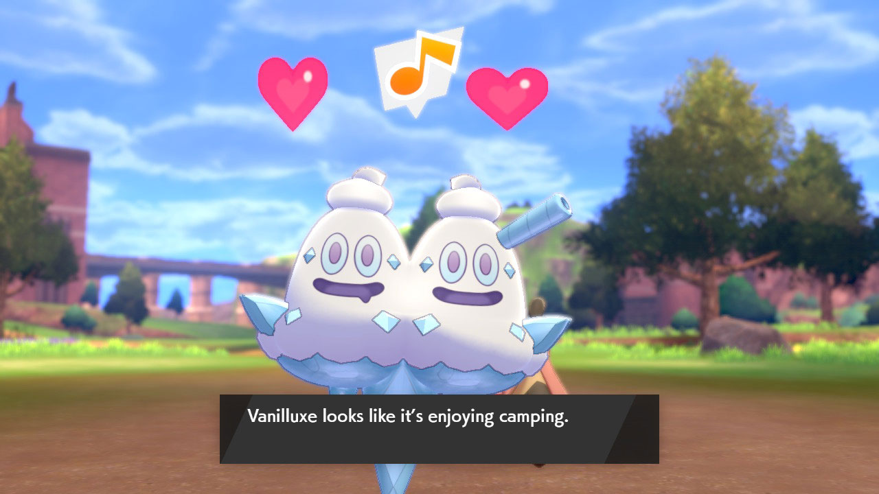 A Vanilluxe&nbsp;Pokémon smiles with two hearts above its head