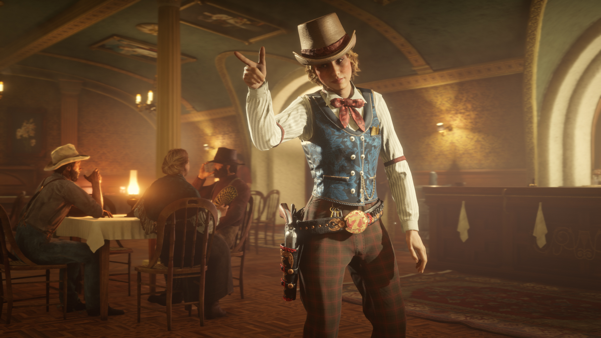 A Red Dead Online character doing a finger gun and wearing plaid pants and a blue vest