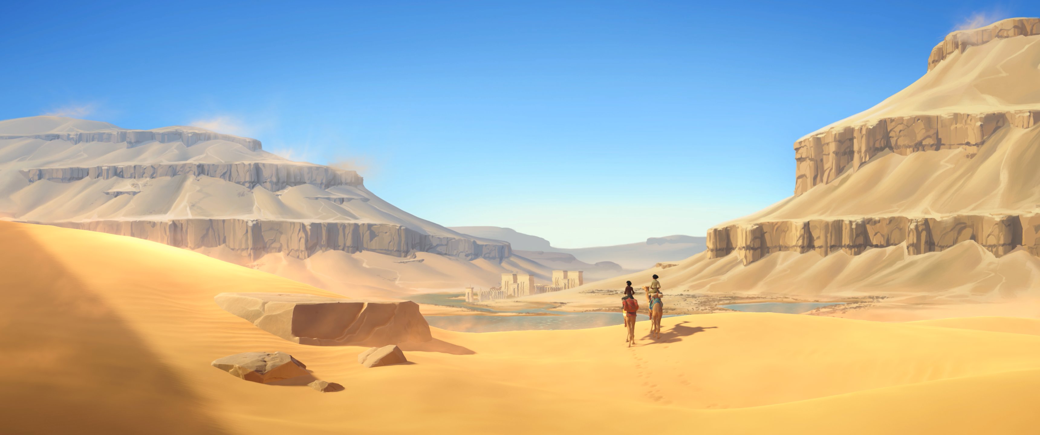 Two figures stand in an Egyptian desert valley beneath a blue sky in a screenshot from In the Valley of Gods.