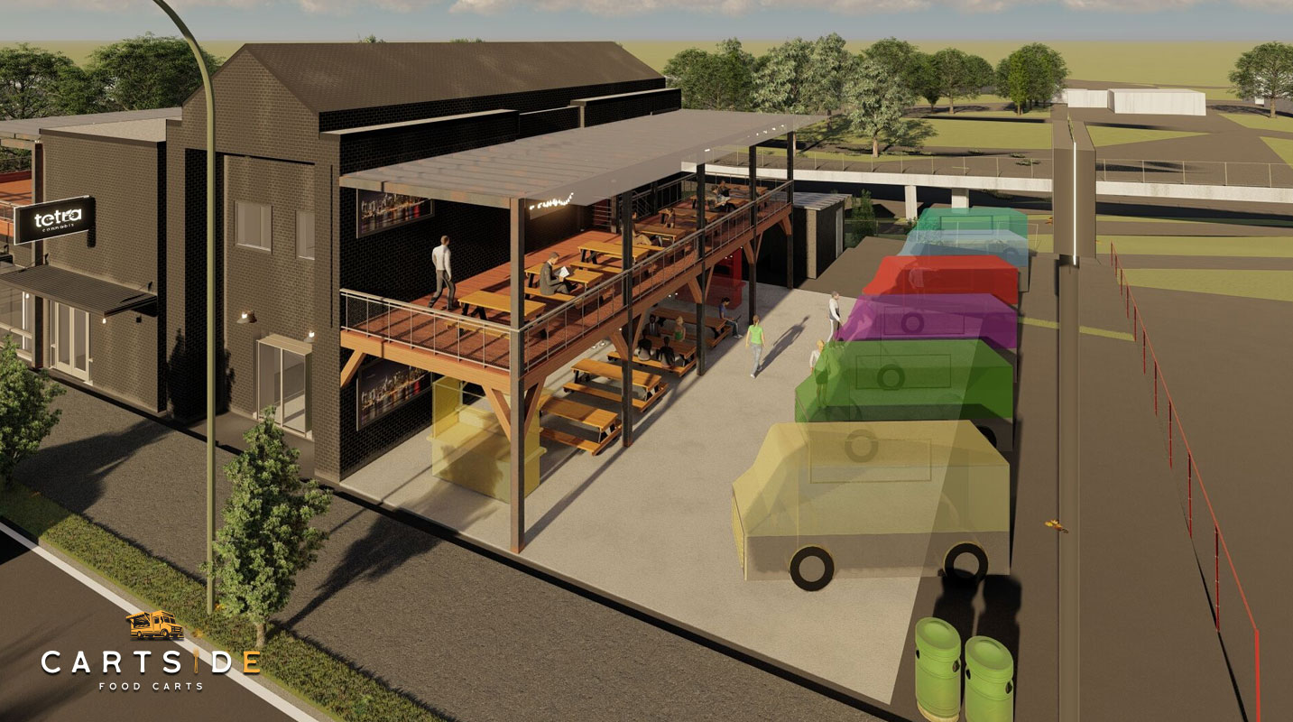A rendering of six food carts lined up next to a two-story patio, with seating on both levels, attached to a grey building housing a bar and dispensary