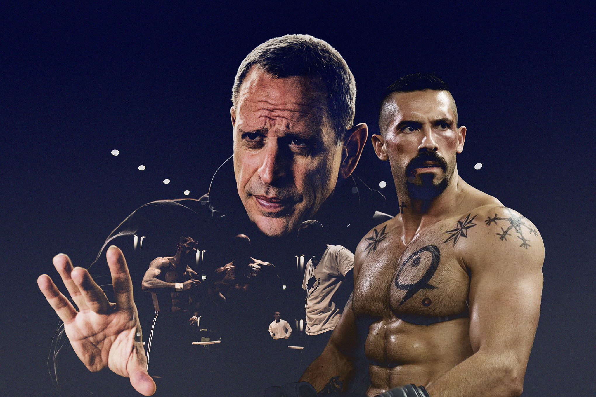 Director Isaac Florentine and stuntman/actor Scott Adkins collaged against a purple background