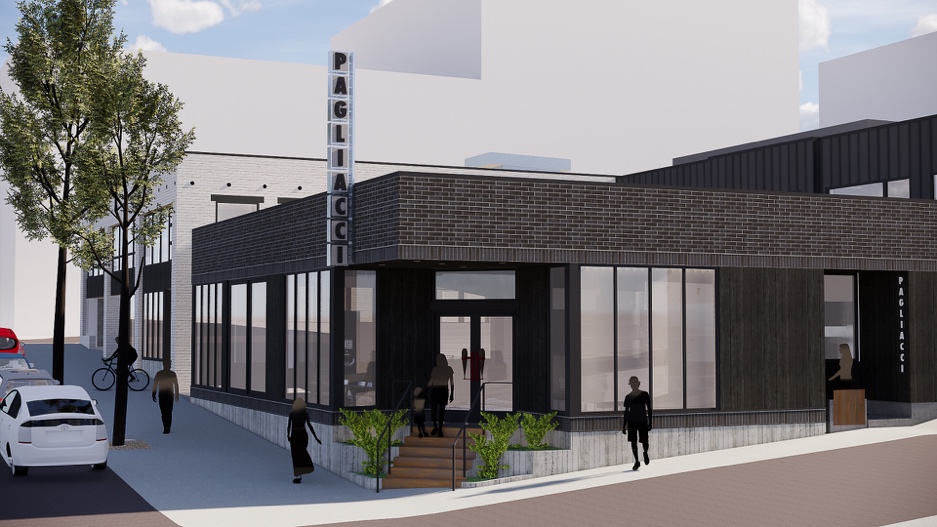 A computer rendering of the Pagliacci restaurant planned for E Pike Street, with a brick facade and its iconic sign out front.
