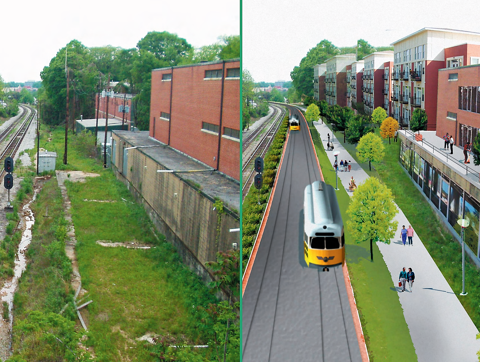 A photo and a rendering of what the Beltline would look like with light rail.