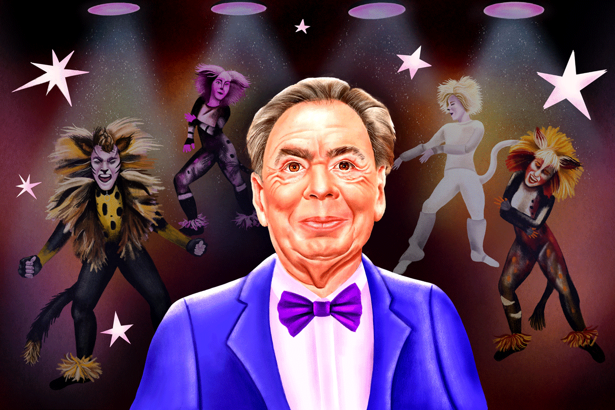 An animation of Andrew Lloyd Webber with his Cats troupe glittering in the background on stage.