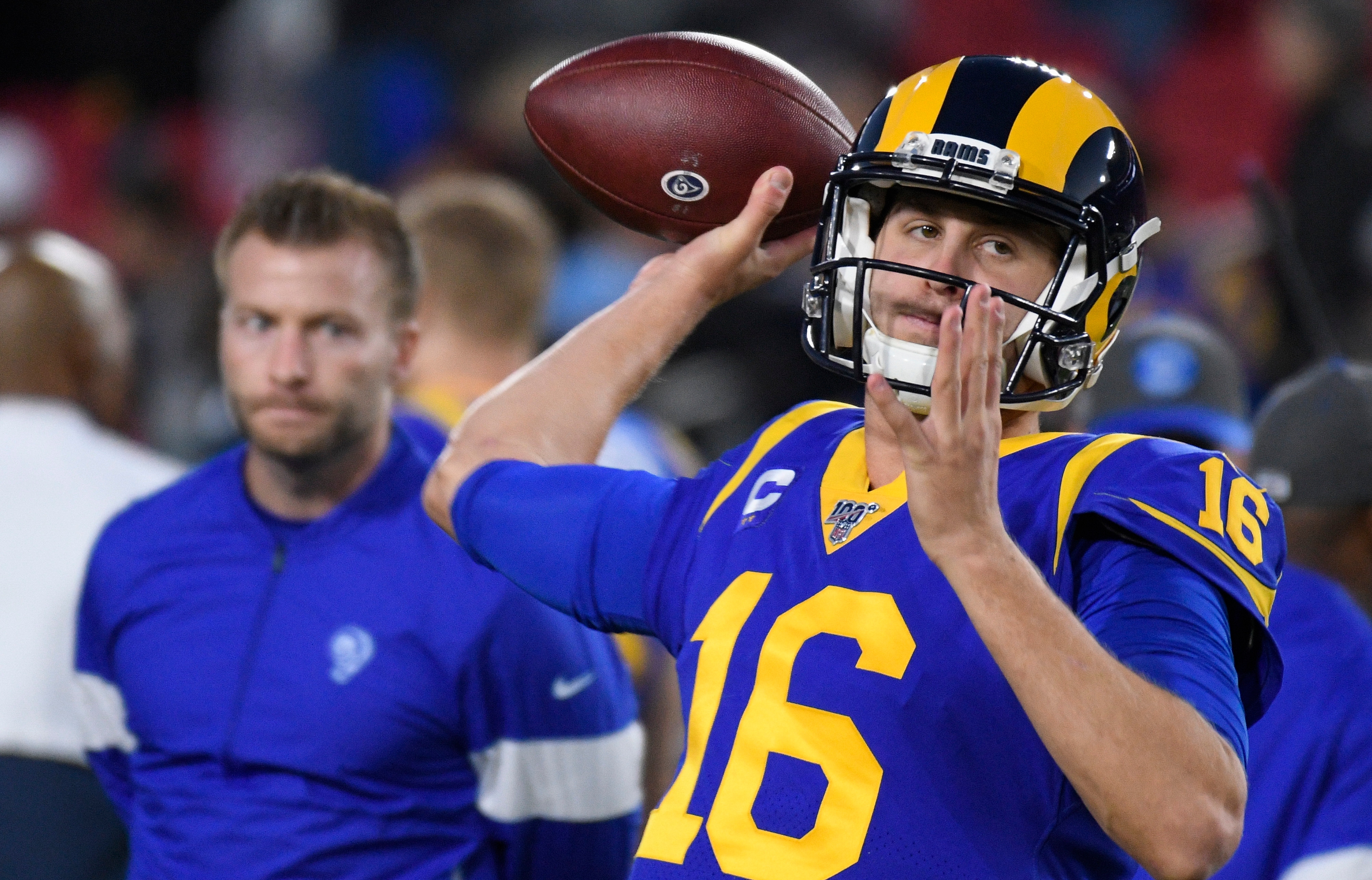 Los Angeles Rams QB Jared Goff warms up as HC Sean McVay looks on prior to the Week 14 game against the Seattle Seahawks, Dec. 8, 2019.