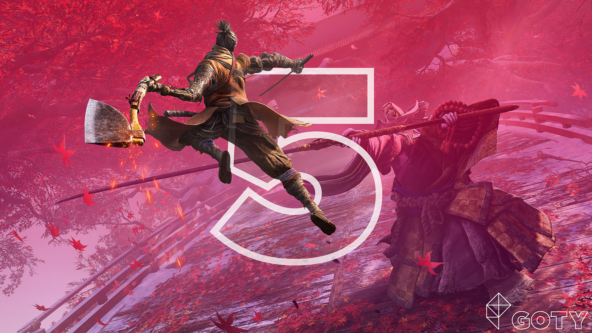 The character Wolf leaping in the air and about bring down his axe on a masked assailant in s still from Sekiro: Shadows Die Twice game