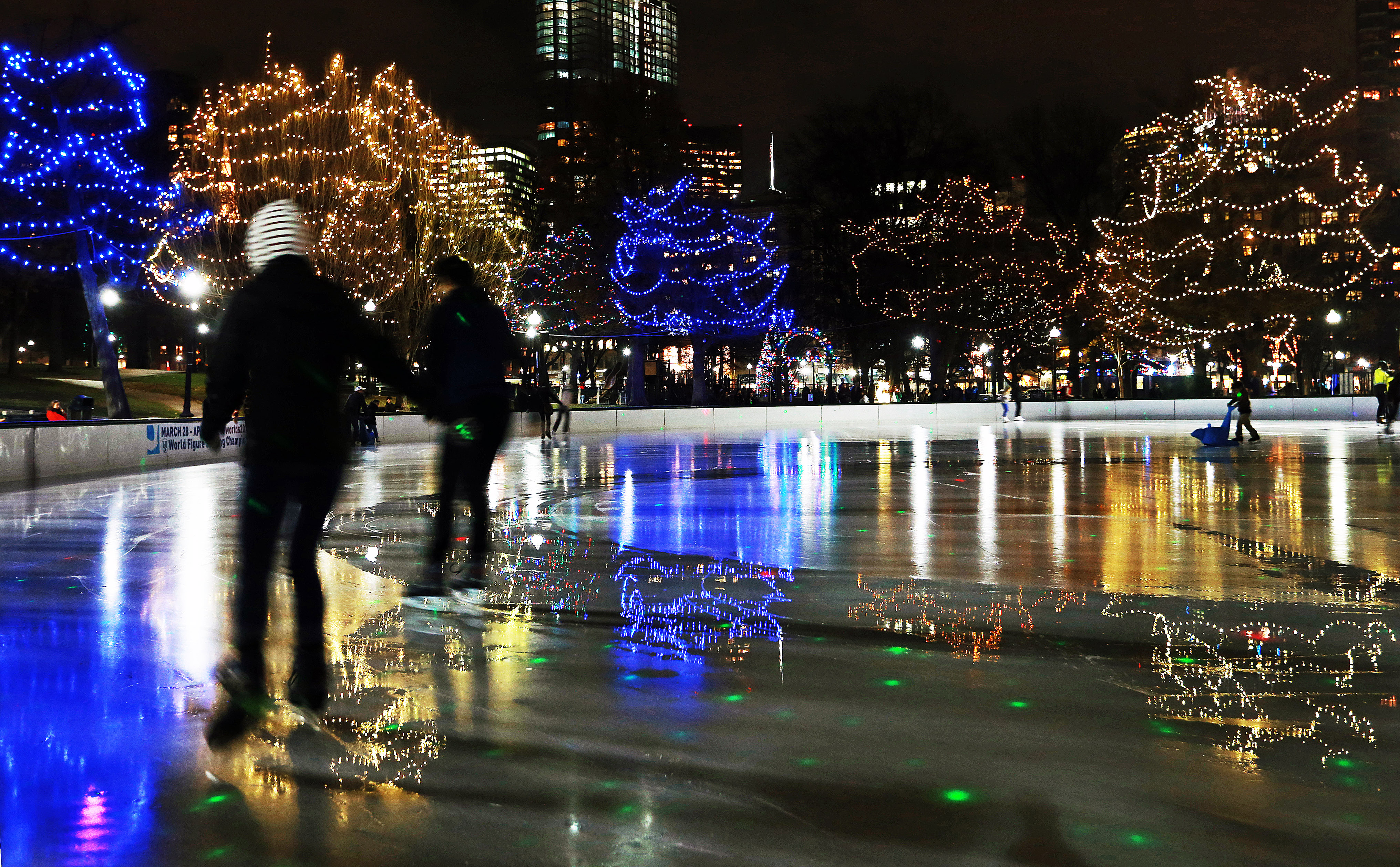People ice-skating at night, surrounded by illuminated trees.
