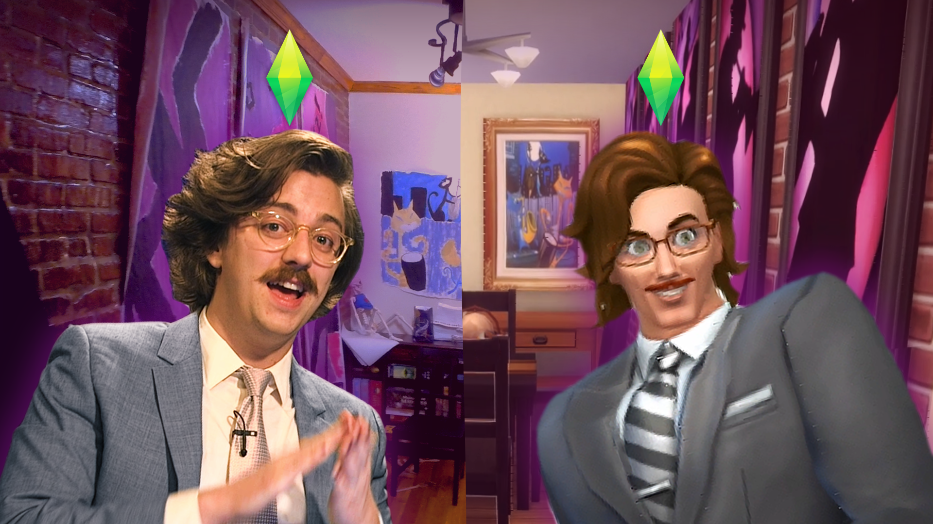 Brian David Gilbert stands next to a Sim version of himself. Behind them is a split room, one real, one recreated in The Sims.