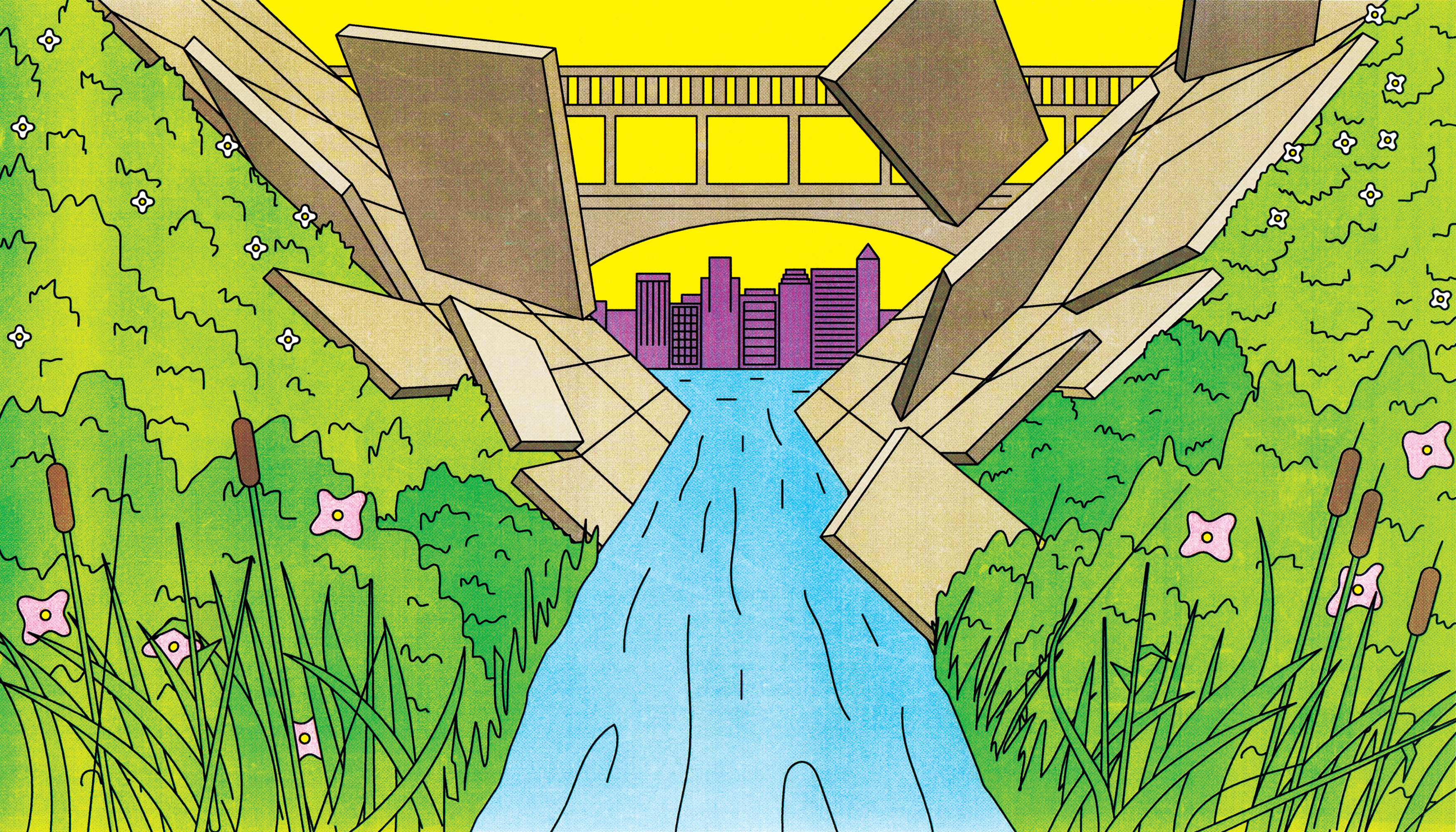 Geometric concrete slabs fit into place along a river. There’s a bridge and city landscape in the distance. Illustration.