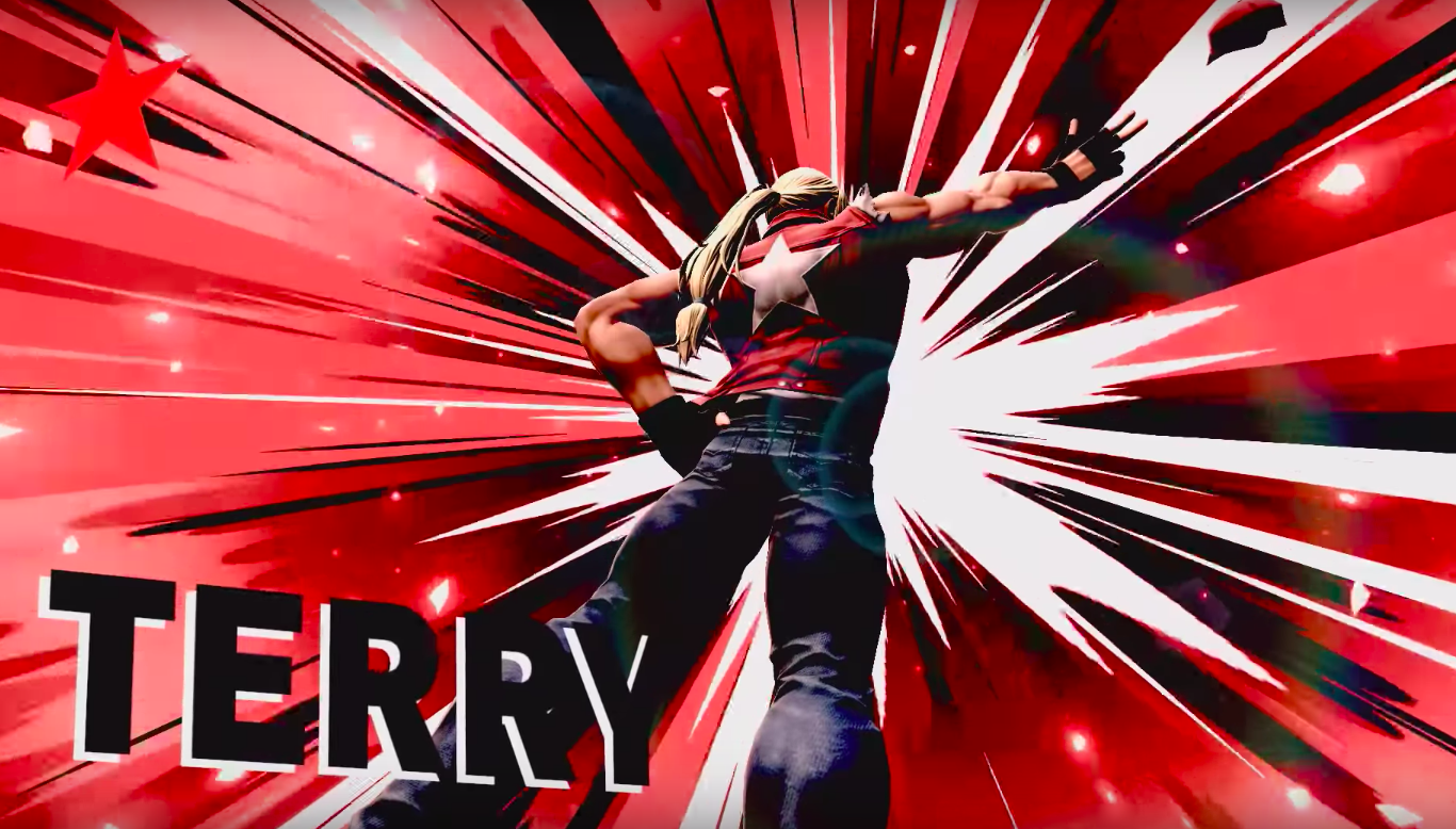 Terry Bogard stands in front of a red explosion, next to his name