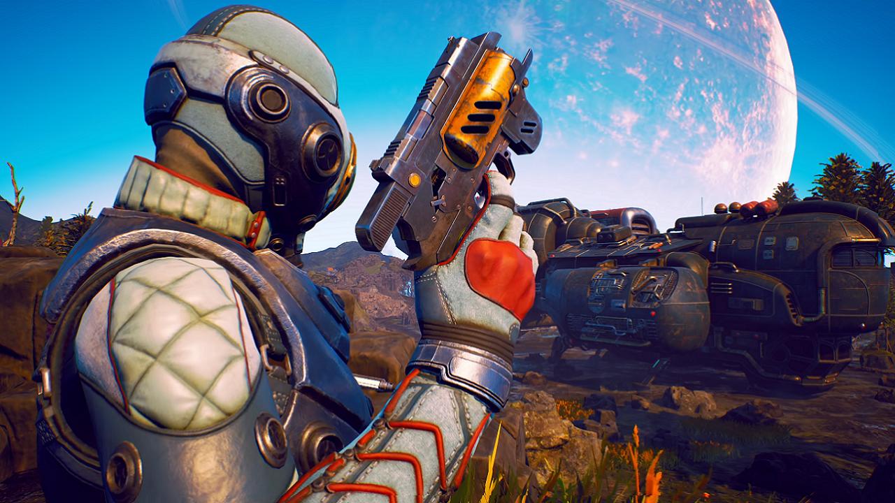 The Outer Worlds - a figure in a spacesuit holds up a pistol with a vessel in the background