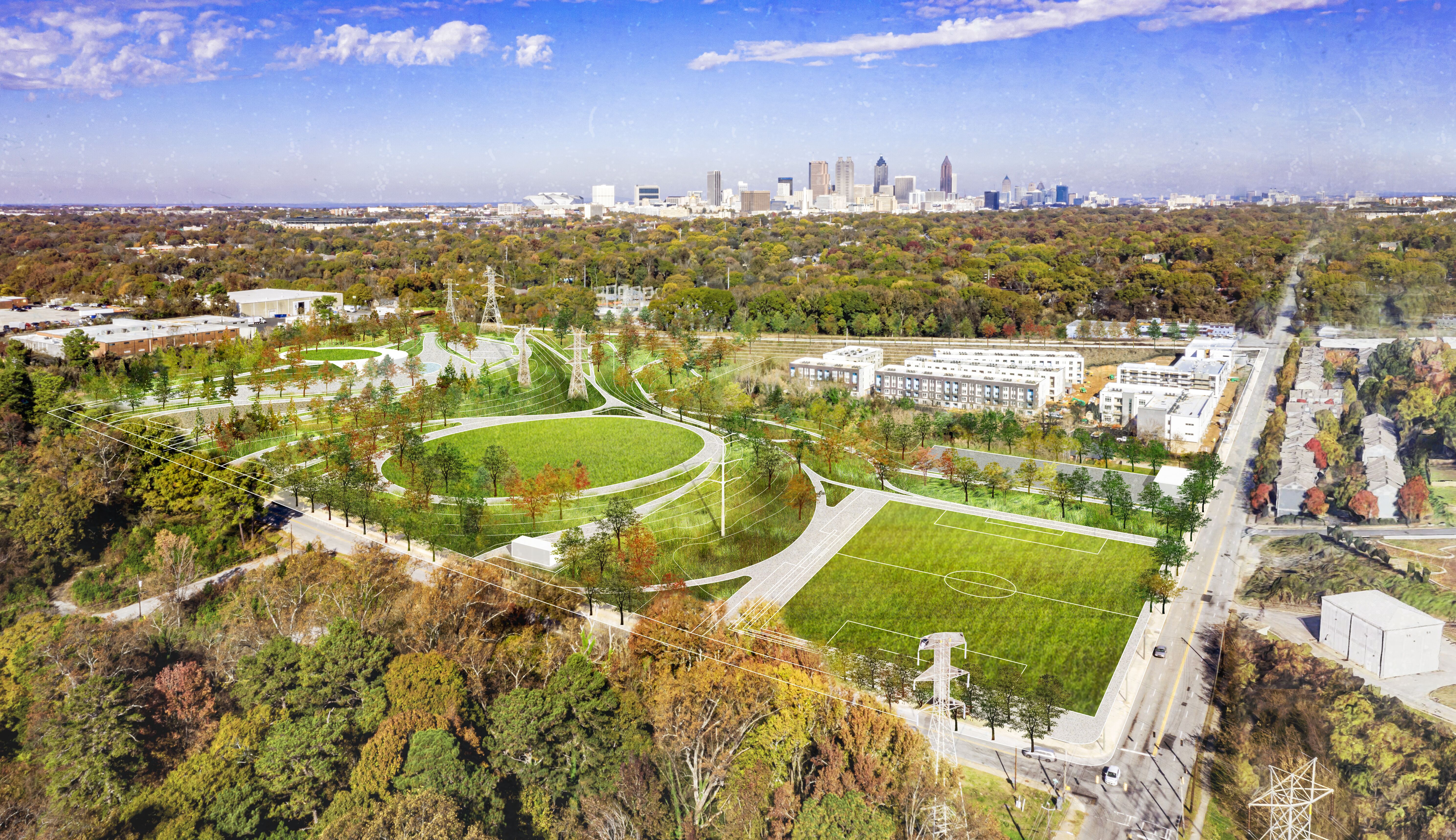A rendering of large green spaces that would be a park expansion south of downtown Atlanta.
