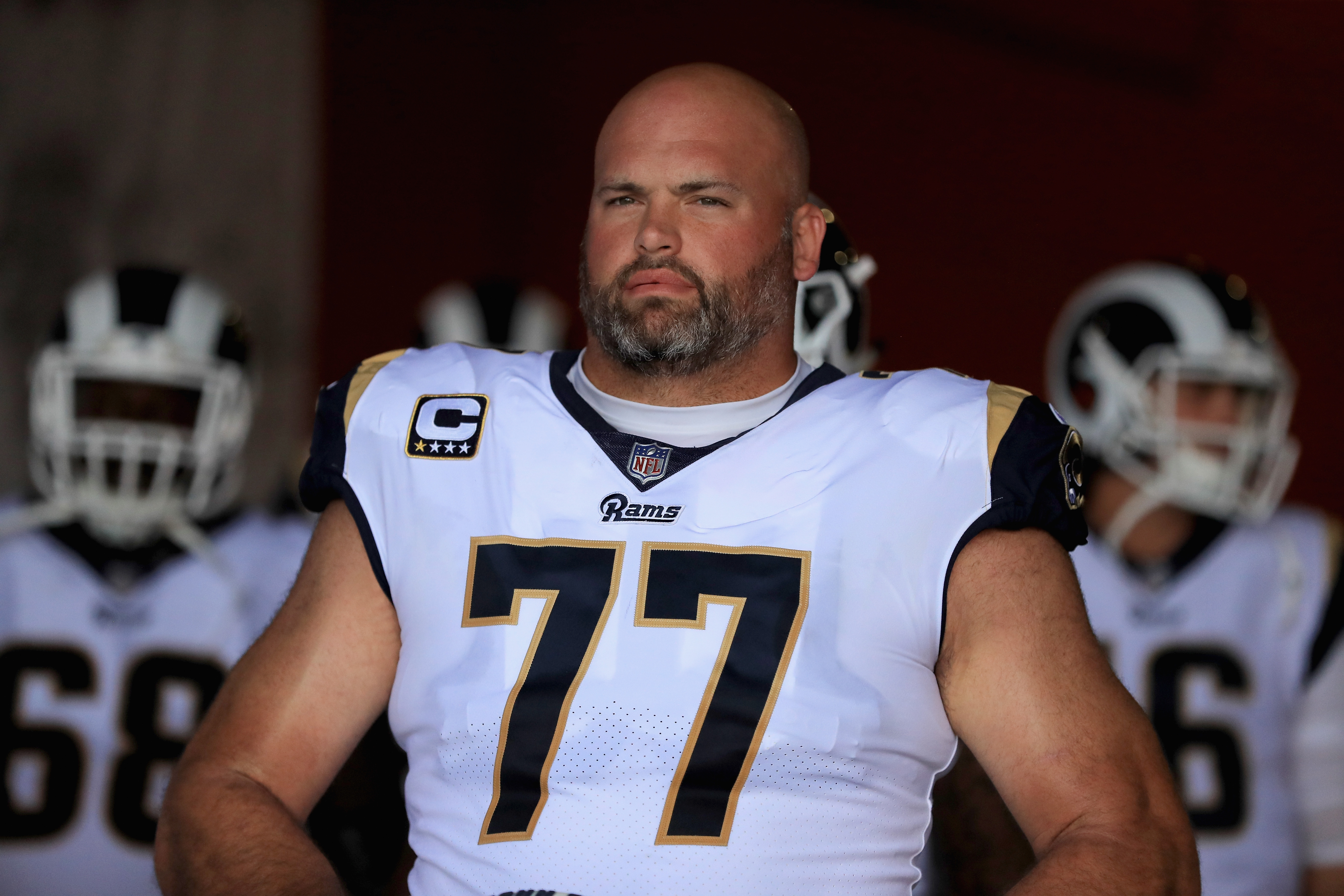 Los Angeles Rams LT Andrew Whitworth looks on prior to the Week 1 game against the Indianapolis Colts, September 10, 2017.