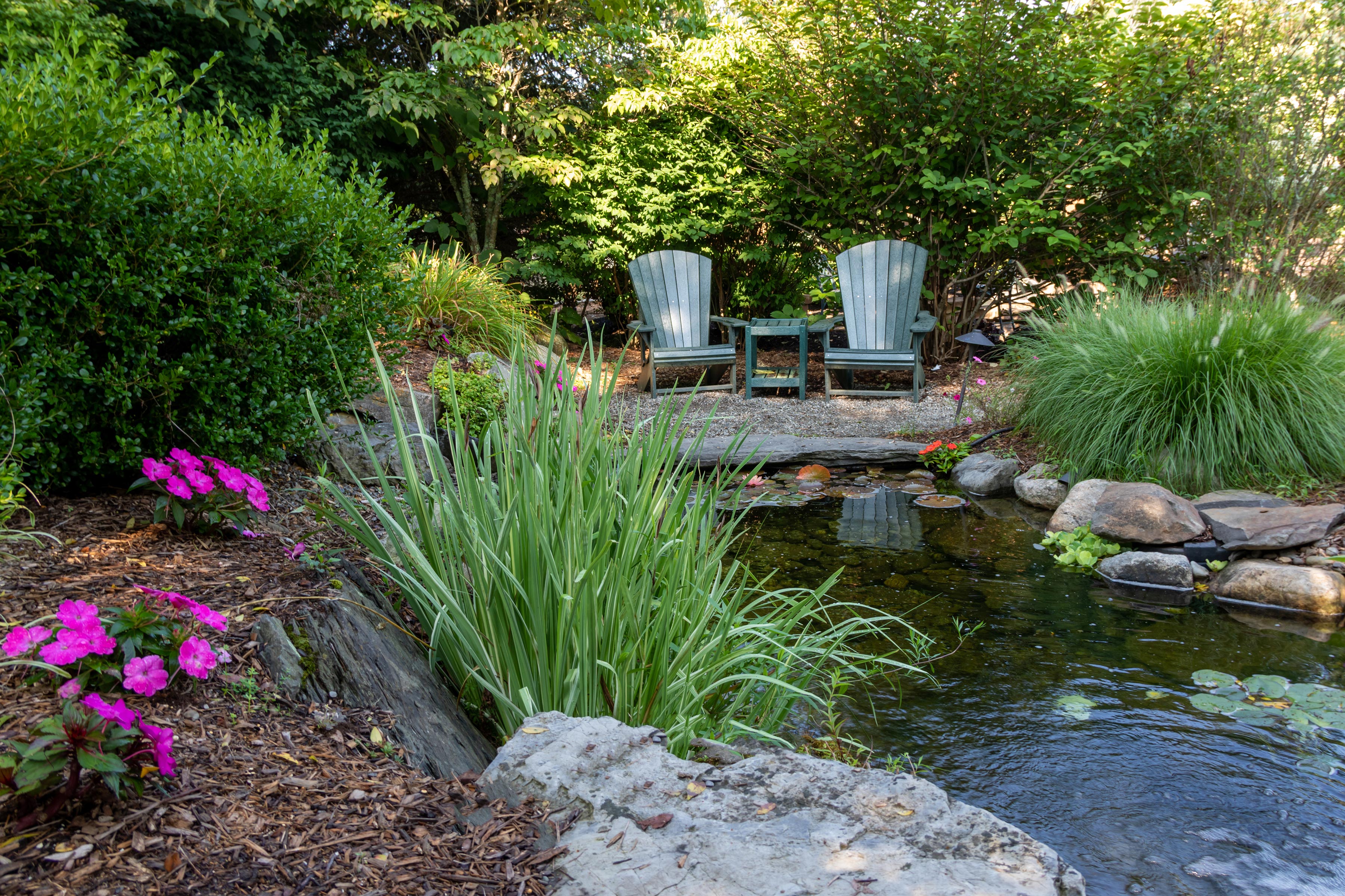 A nicely landscaped home pond with adirondack chairs 