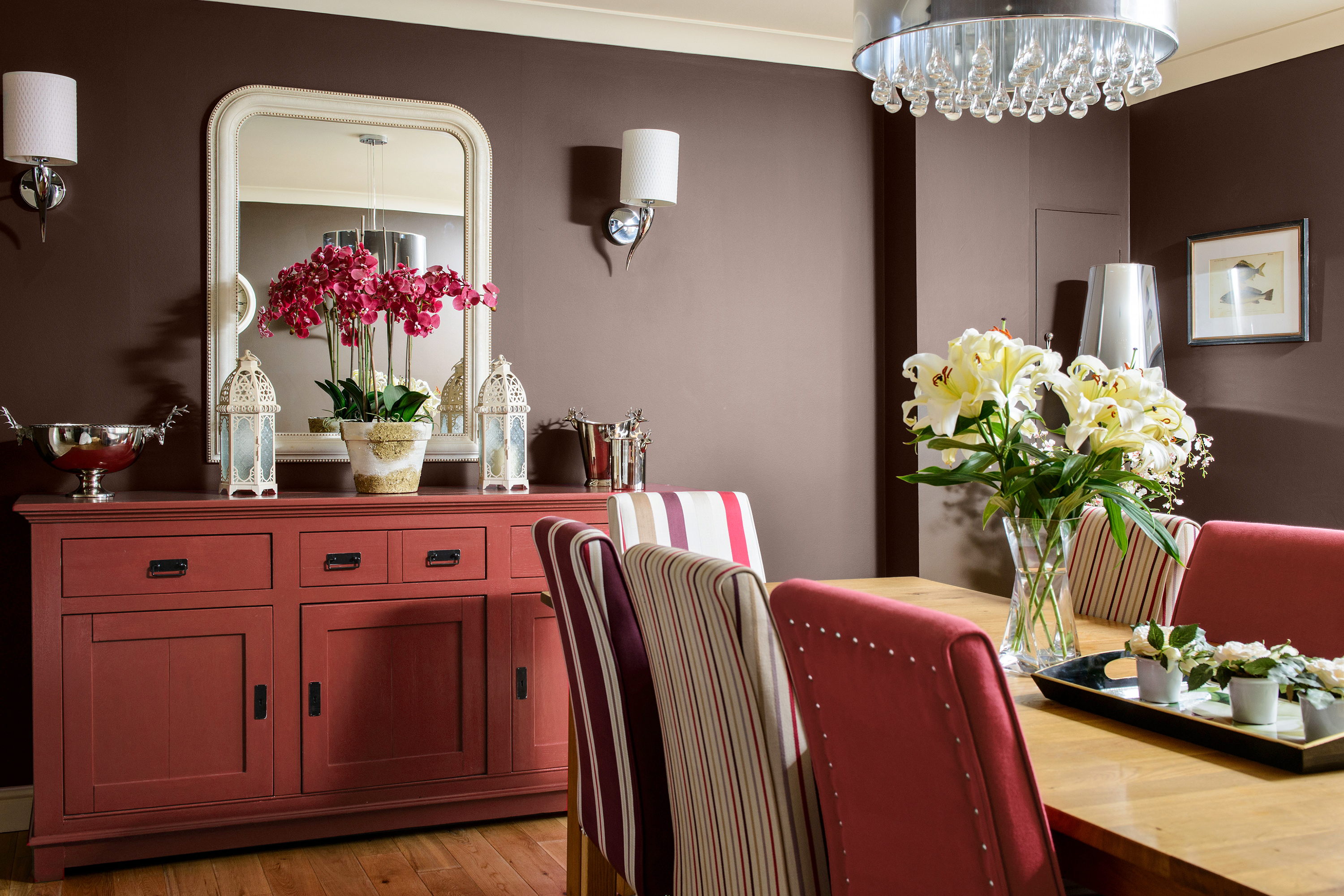 Warm gray painted dining room.