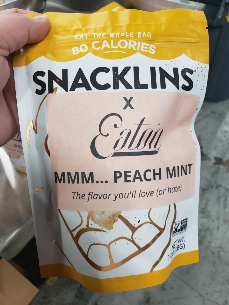A bag of limited edition “MMM ... Peach Mint” flavor Snacklins