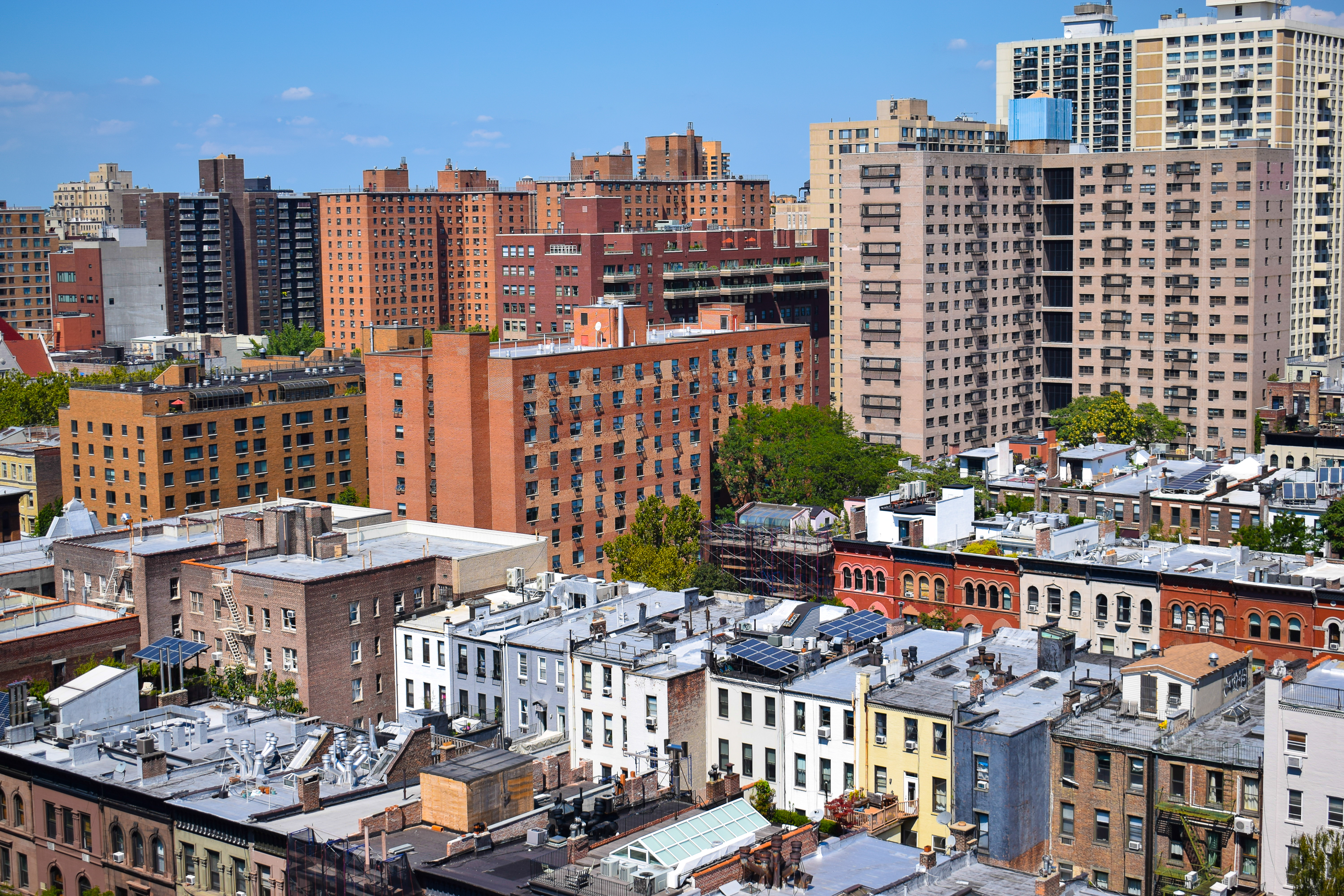 Aerial view of dense apartment buildings.