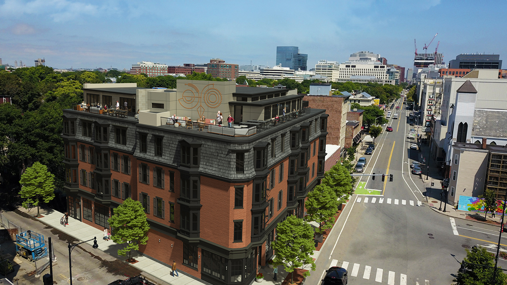 Rendering of a five-story, squarish hotel amid a city.