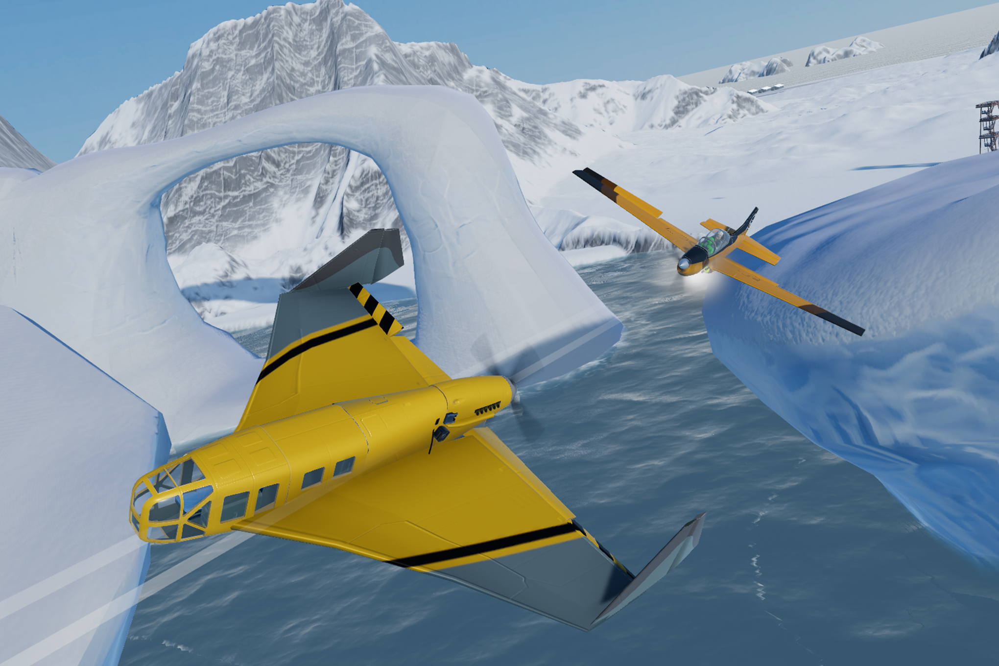Two exotic yellow planes fly through an arctic landscape in a pre-alpha screenshot from Balsa Model Flight Simulator.