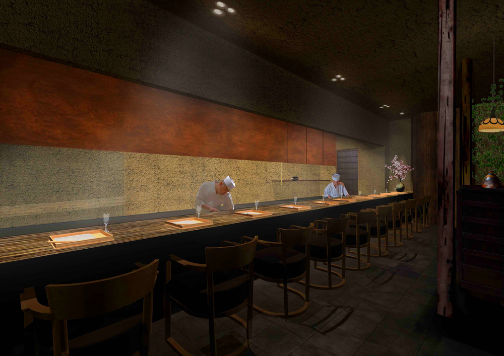 A rendering of the chef’s counter seating at Kaiseki Sanga, a Kyoto-inspired restaurant set to debut in early 2020.