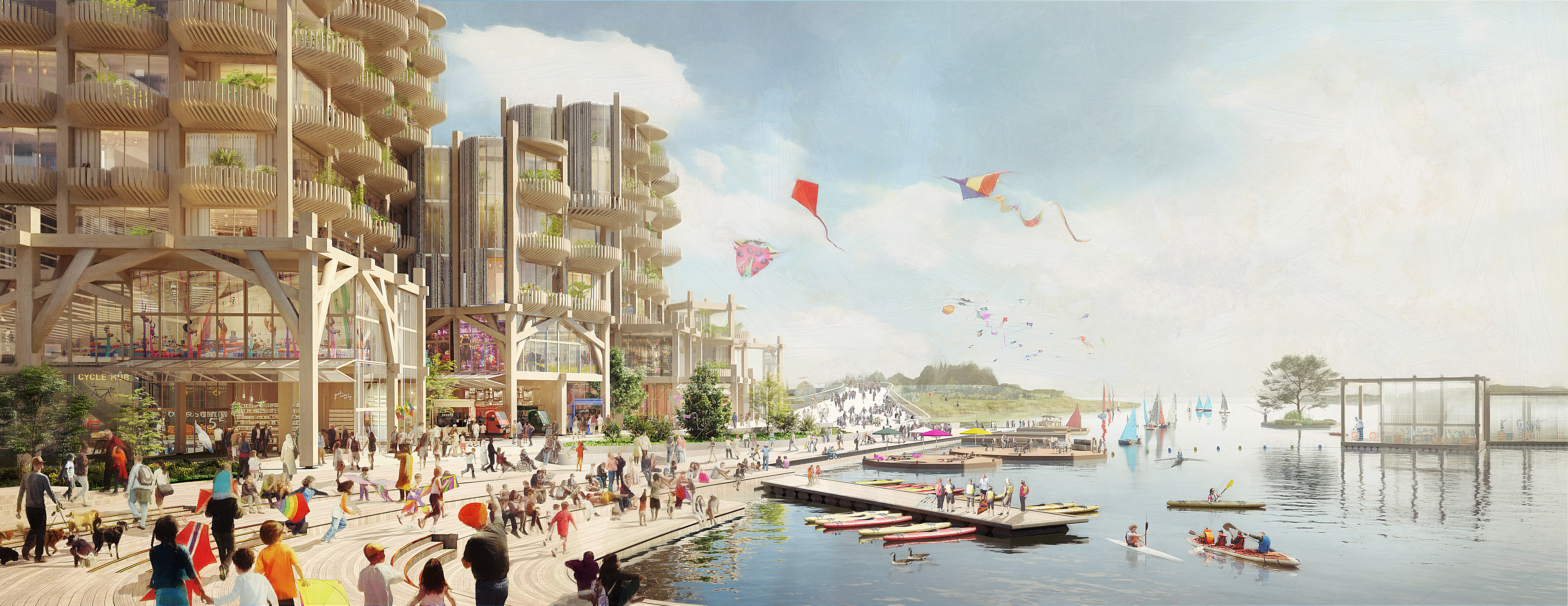 A rendering of an idealized neighborhood with modern buildings made from timber and people walking on a waterfront promenade and flying kites.
