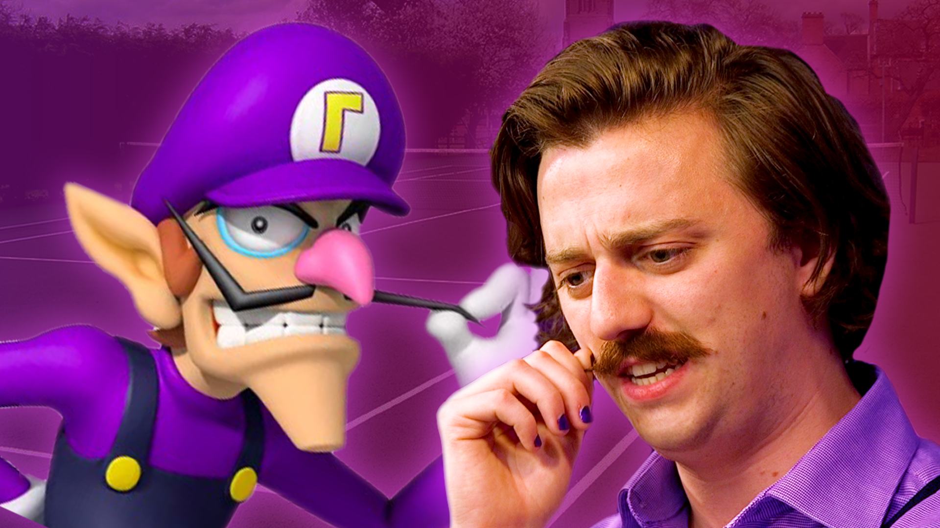 On the left, Waluigi twists his mustache menacingly. On the right, Brian David Gilbert twists his mustache confusedly.